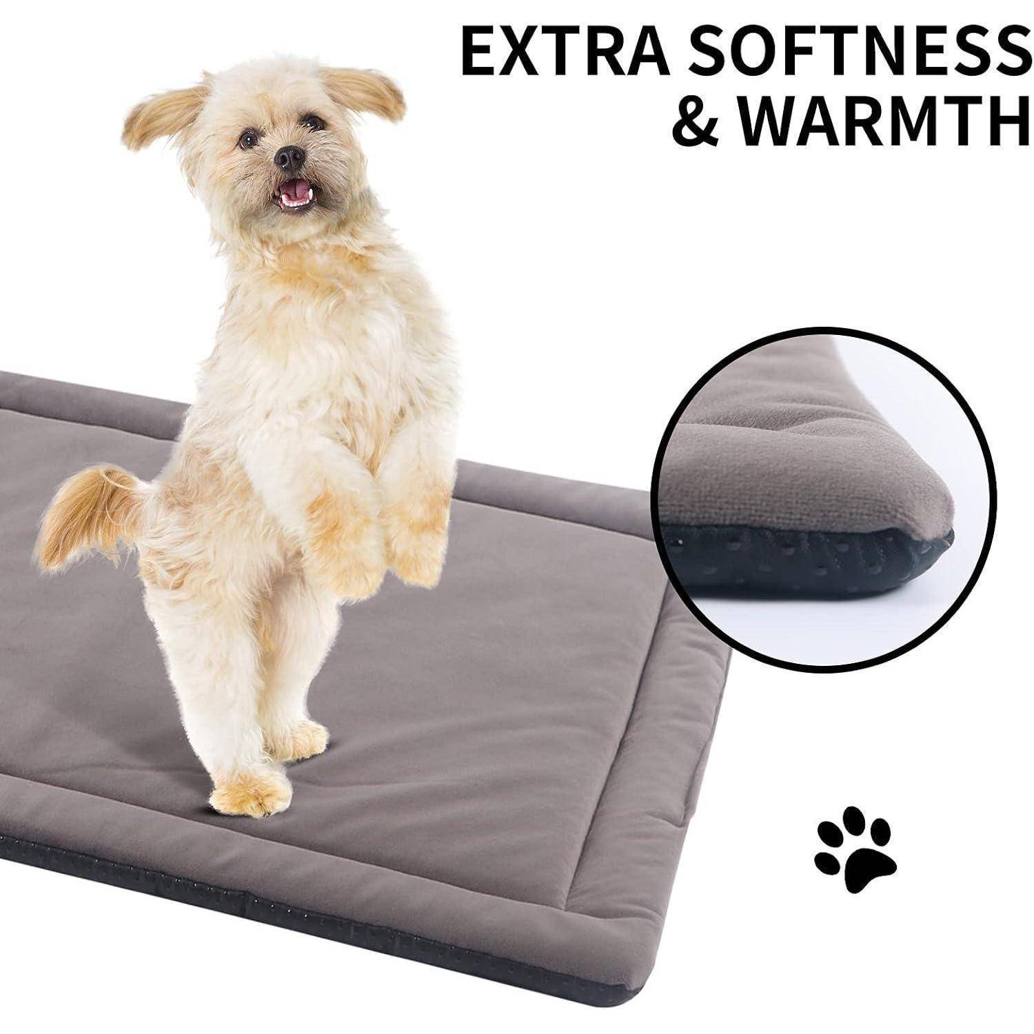 Hund sitzt auf einem weichen, braunen Haustierkorb, mit dem Text 'Extra Weichheit & Wärme'. Einblendung zeigt eine Nahaufnahme der Kissenlehne mit Pfotenabdruck-Symbol.