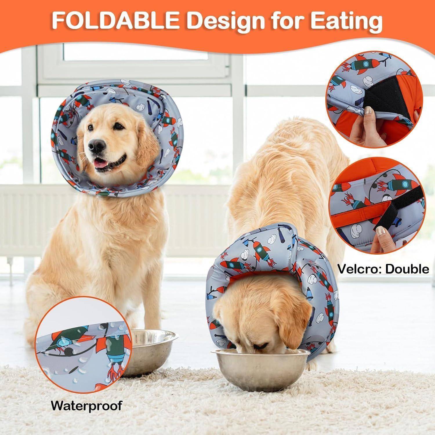 Zwei Hunde tragen weiche, faltbare Halsbänder zum Essen. Der Haupttext besagt ‚FALTBARES Design zum Essen'. Einschübe zeigen einen Klettverschluss und wasserfestes Gewebe.