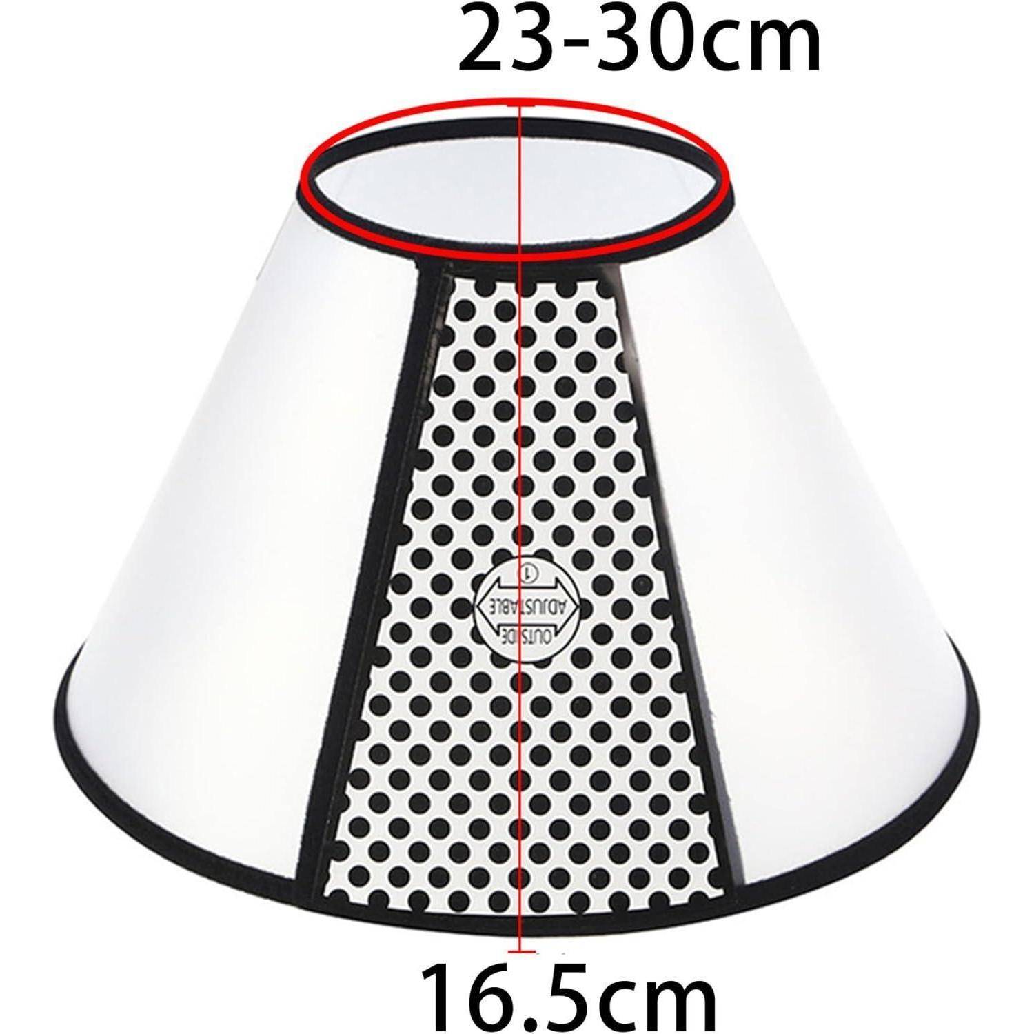 Eine weiße Haustierschutzkragen mit schwarzen Kanten und Polkapunkten wird gezeigt. Die Abmessungen sind oben mit '23-30cm' und unten mit '16,5cm' beschriftet.