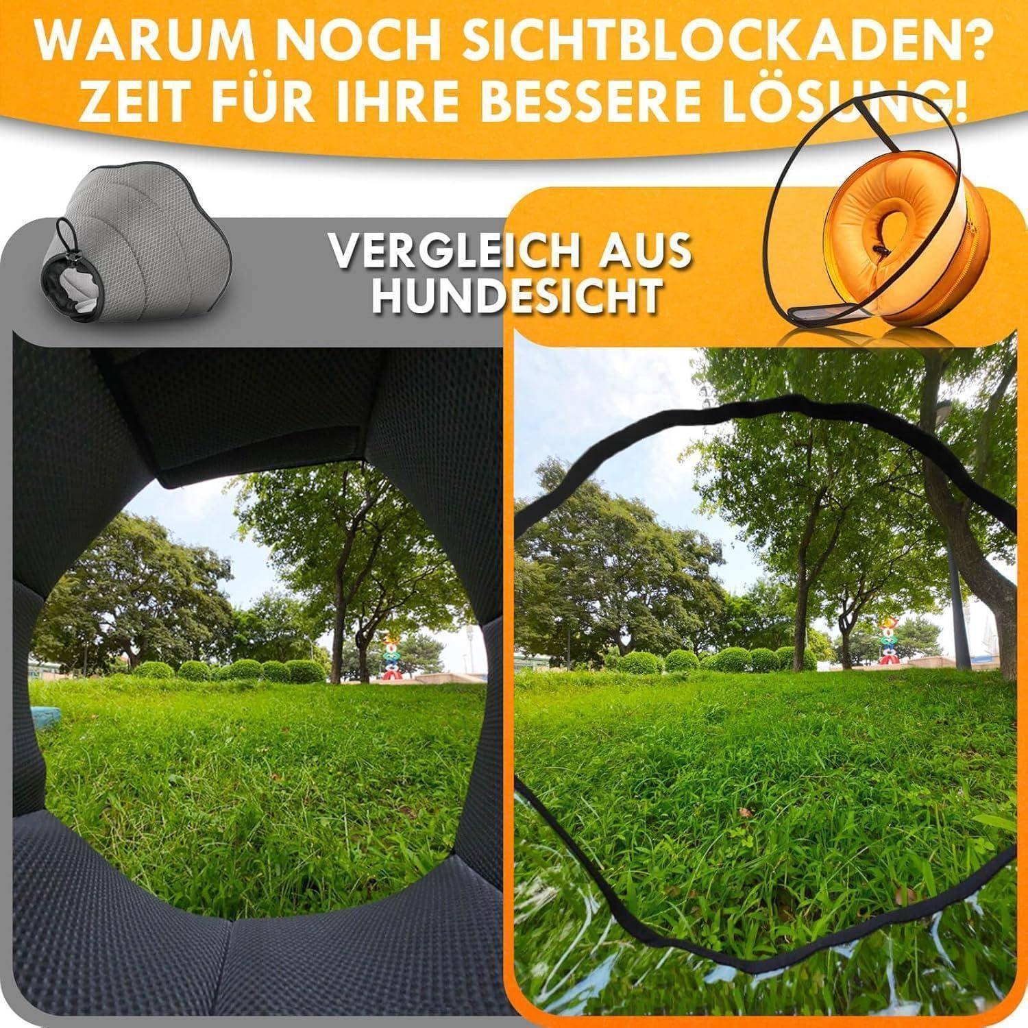Blickwinkel eines Hundes, der eine begrenzte Sichtbarkeit durch ein Maschengitter im Vergleich zur klaren Außenansicht zeigt. Der Text deutet eine Lösung zur Verbesserung der Sicht an.