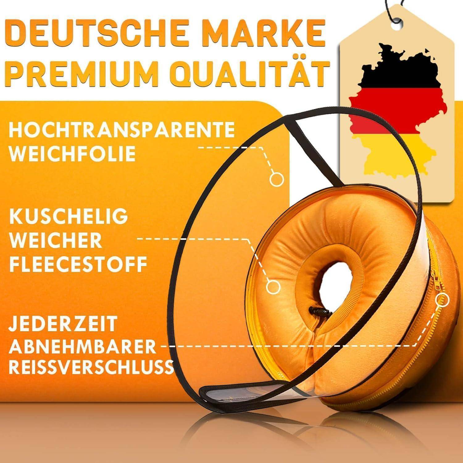 Ein orangefarbener gepolsterter Stuhl mit Etiketten, die auf Merkmale wie 'hochtransparente Weichfolie' und 'kuschelig weicher Fleecestoff' hinweisen. Deutsche Kartenkennzeichnung.