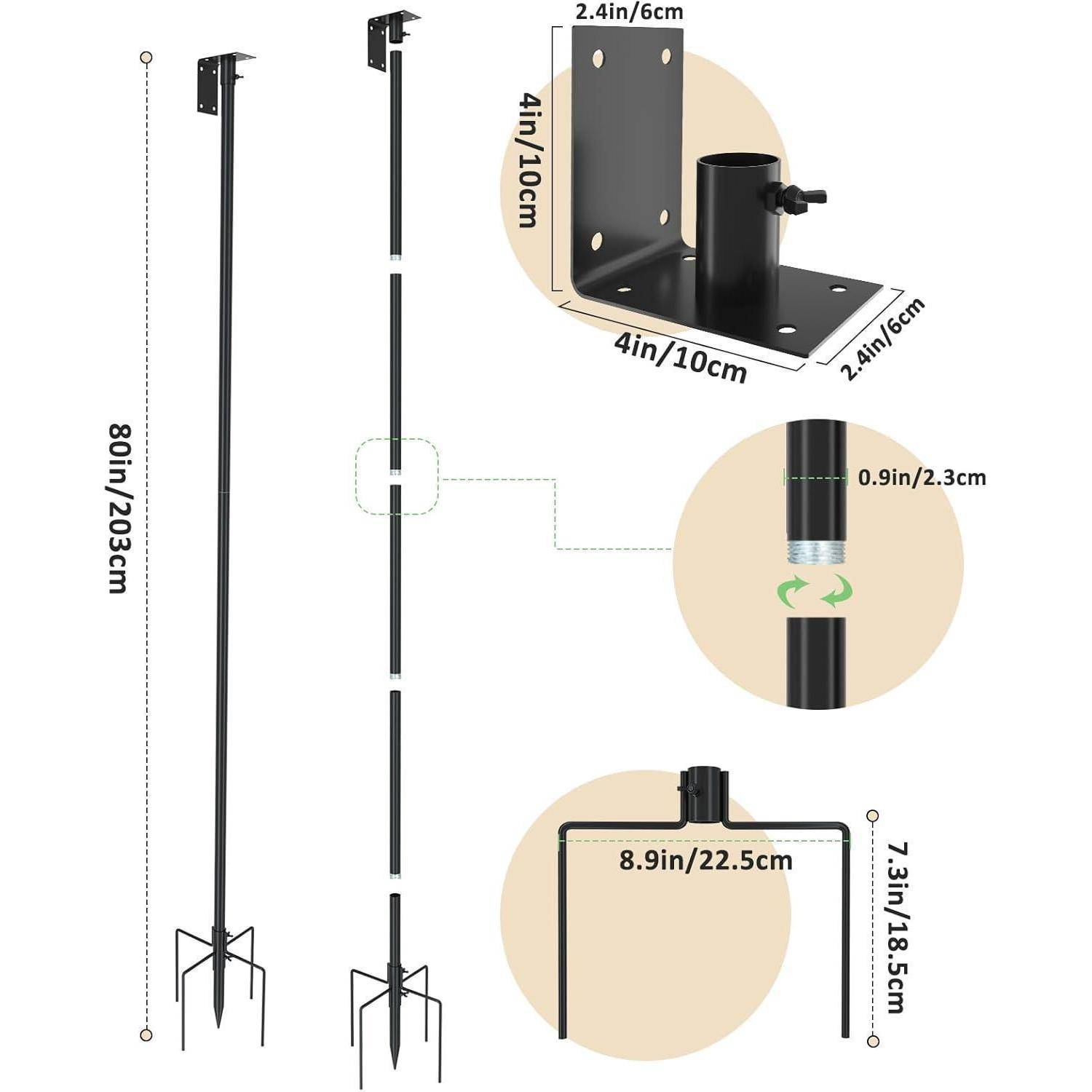 Freistehende schwarze Metallstange mit Fuß und Anschlüssen, 80in/203cm hoch. Basisdimensionen: 4in/10cm mit Löchern zur Befestigung.