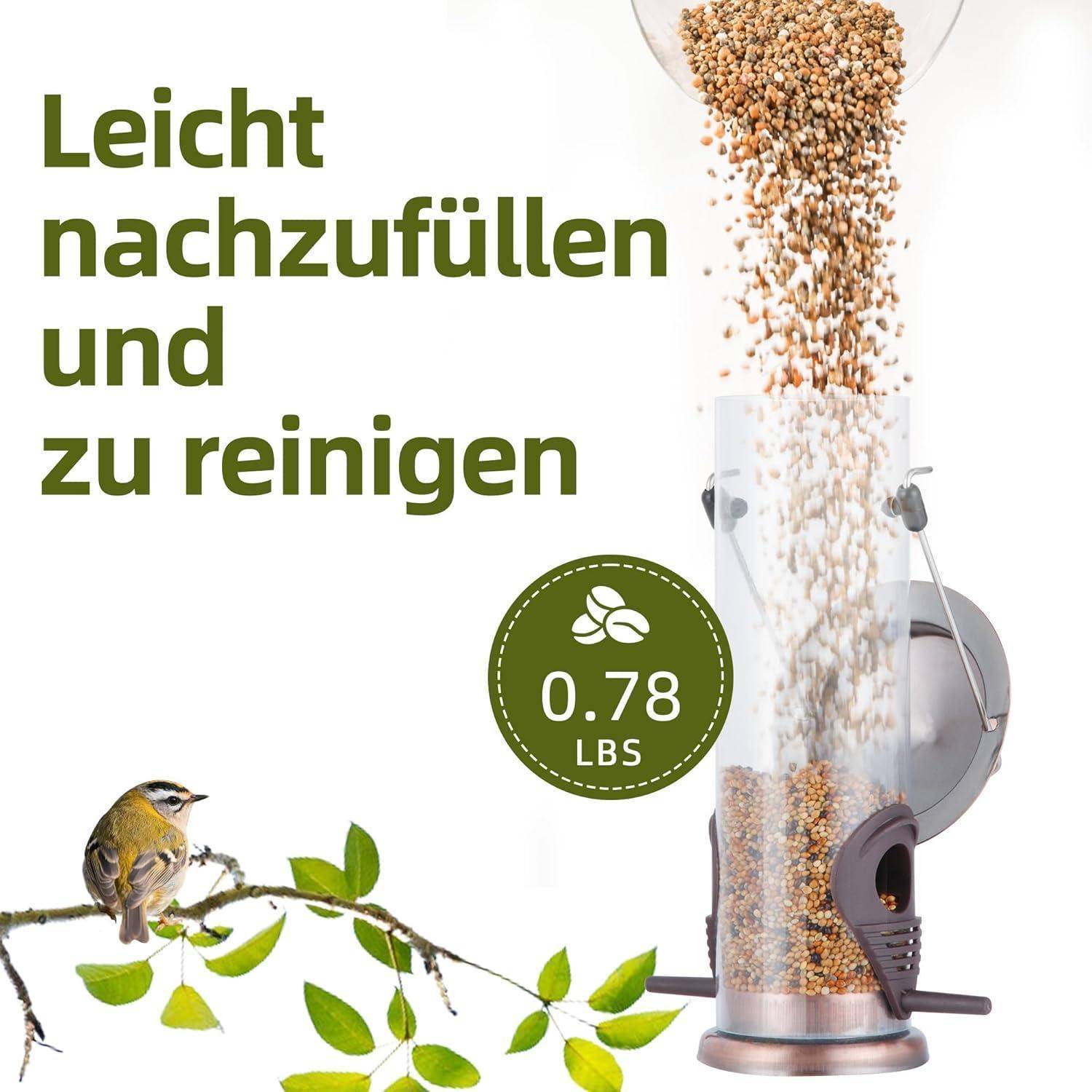 Ein Vogelfutterautomat, der mit Samen gefüllt wird, mit dem deutschen Text 