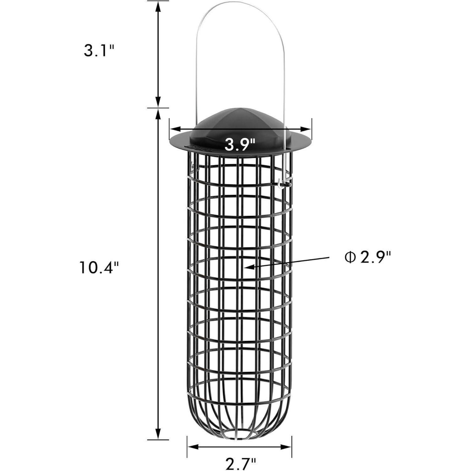 Ein zylindrischer Vogelfutterautomat mit Gitterdesign, 10,4 Zoll hoch und 2,9 Zoll im Durchmesser. Die Oberseite ist 3,1 Zoll hoch.