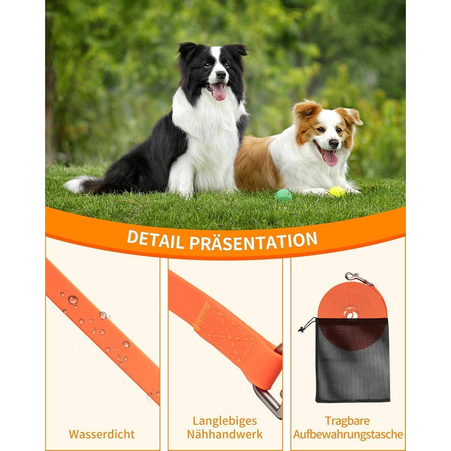 Zwei Hunde ruhen auf Gras mit wasserdichten orangefarbenen Leinhenmerkmalen. Text: 'Detail Präsentation', 'Wasserdicht', 'Langlebiges Nähhandwerk', 'Tragbare Aufbewahrungstasche'.