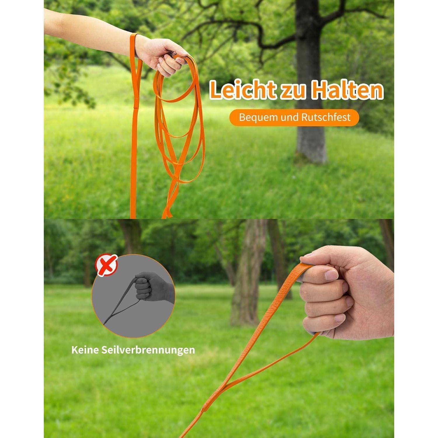 Eine Person, die eine orangefarbene Leine in einem Park hält. Der Text im Bild betont 