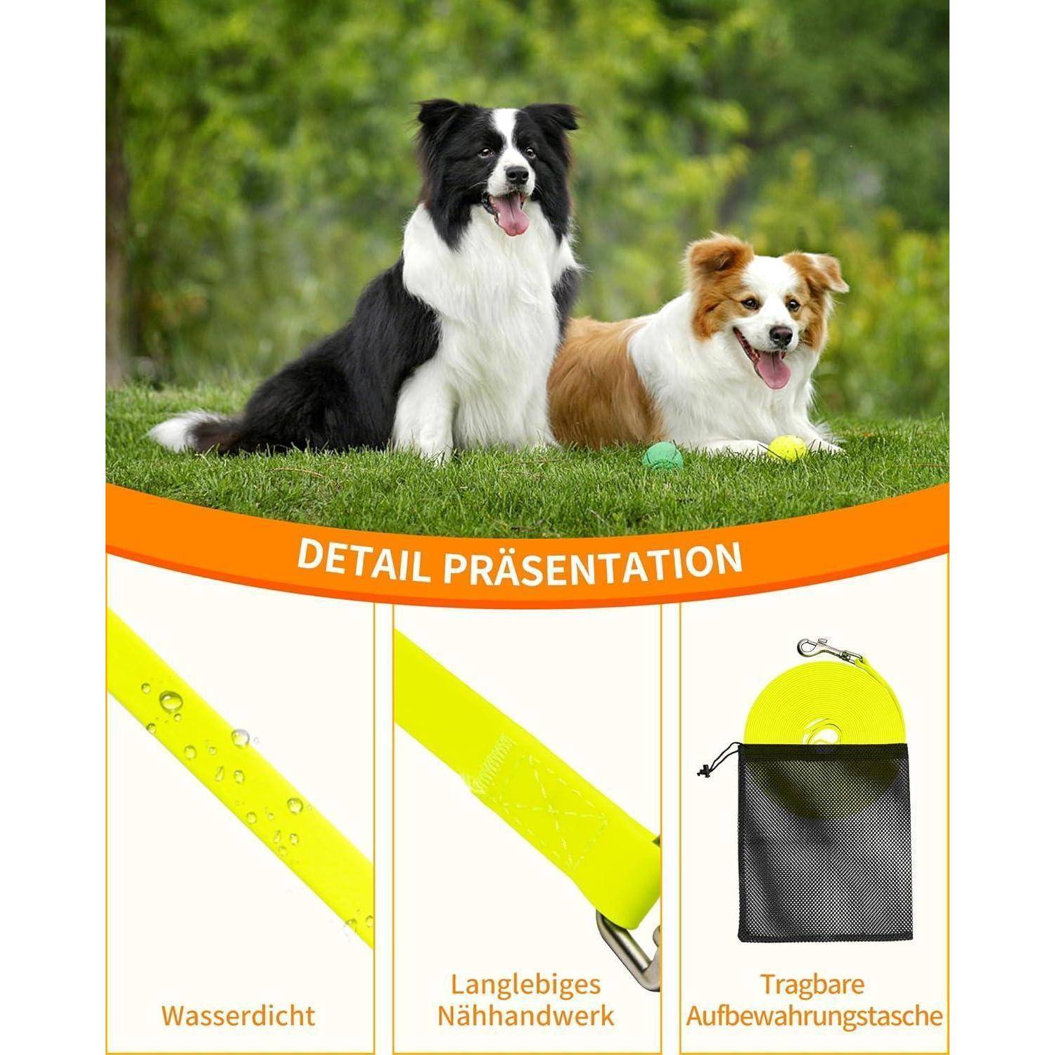 Zwei Hunde sitzen auf Gras. Darunter zeigen Bilder Leinenmerkmale: ‚wasserdicht', ‚robuste Handwerkskunst' und ‚tragbare Aufbewahrungstasche'.