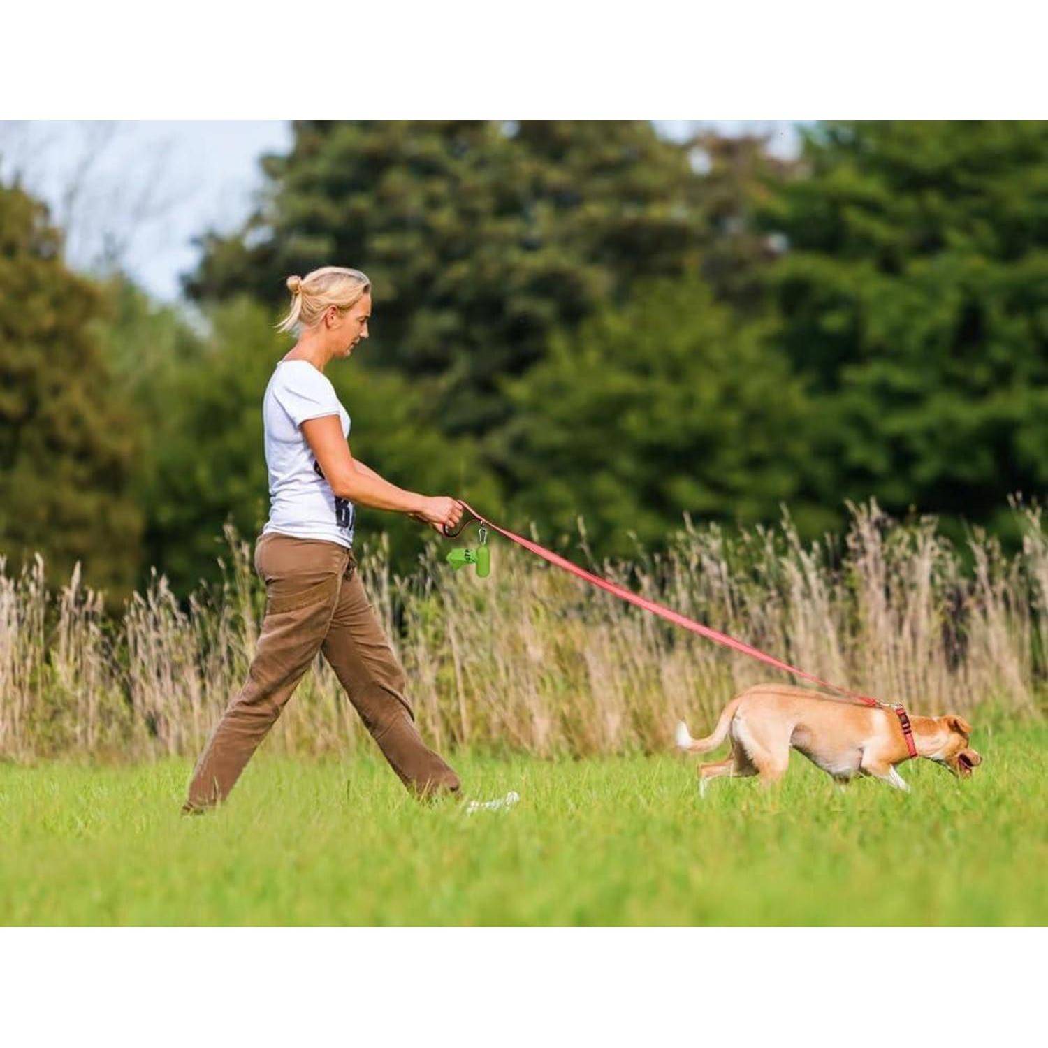 Eine Person, die einen Hund an der Leine in einem grasbewachsenen Gebiet mit Bäumen im Hintergrund ausführt.