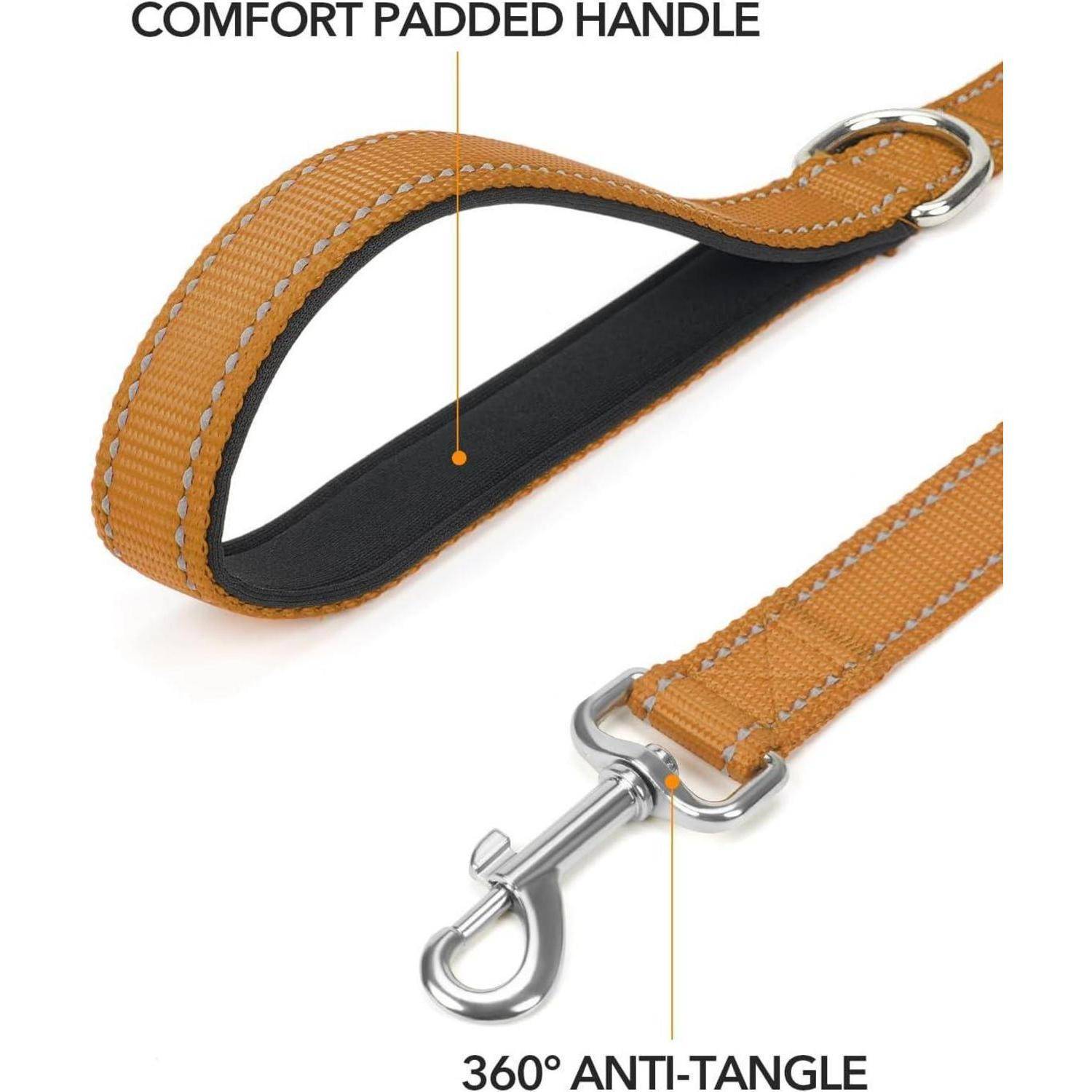 Orange Hundeleine mit gepolstertem Komfortgriff und einer '360° verwicklungsfreien' Metallkarabinerhaken.