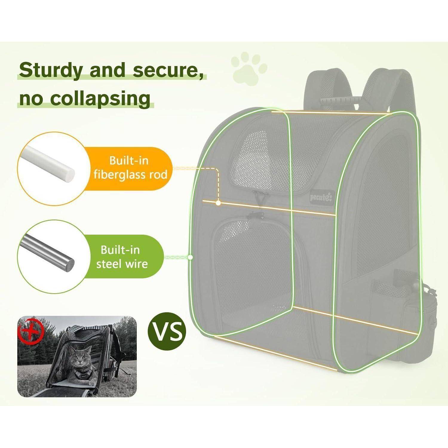 Haustier-Rucksack mit integriertem Fiberglasstab und Stahlseil für Stabilität. Bild zeigt eine Katze, die sich bequem im Inneren befindet, im Vergleich zu einem zusammengeklappten Rucksack.