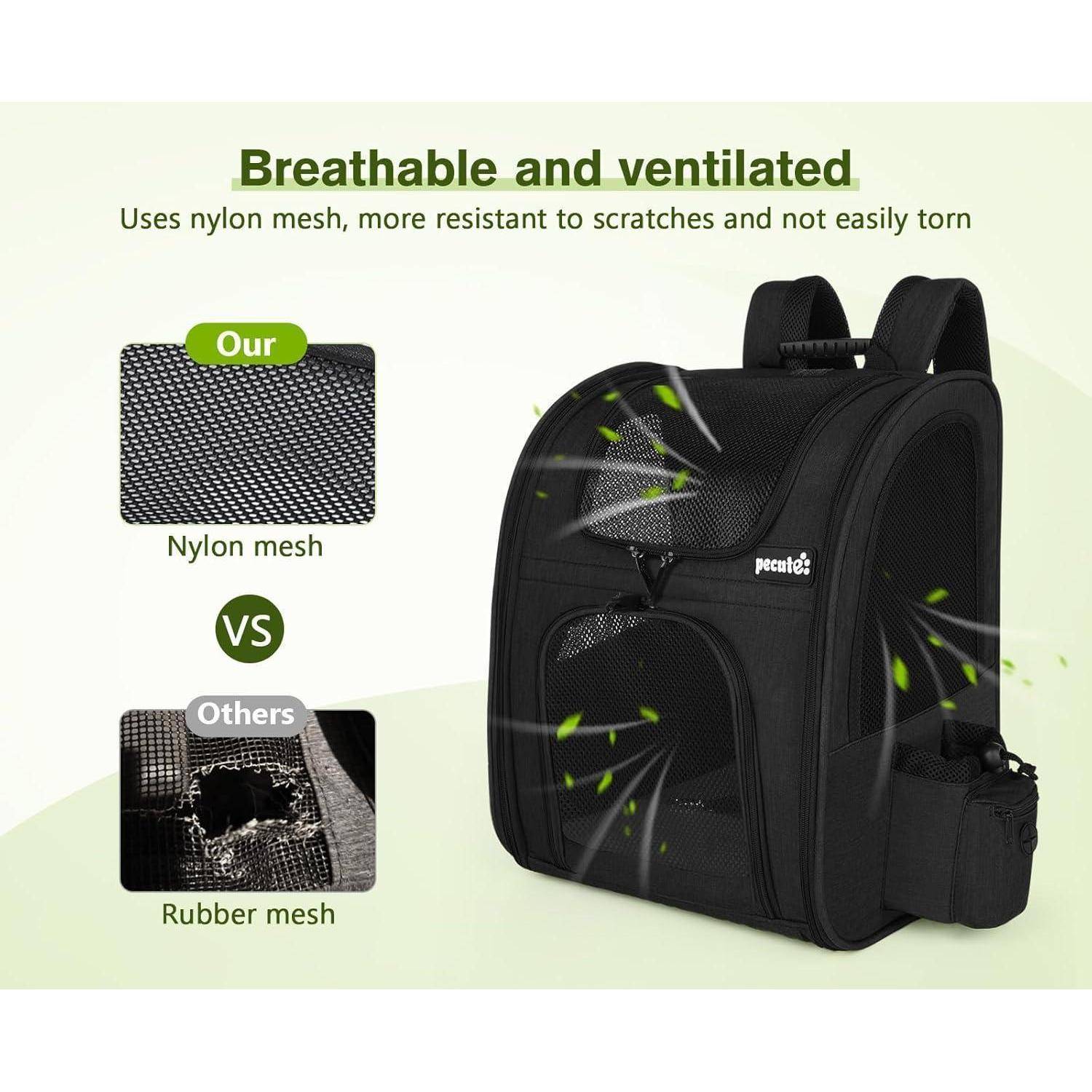 Eine atmungsaktive und belüftete schwarze Tierträgertasche wird gezeigt. Sie verfügt über ein robustes Nylonnetz, im Vergleich zu einer anderen mit weniger widerstandsfähigem Gummimaschengewebe.