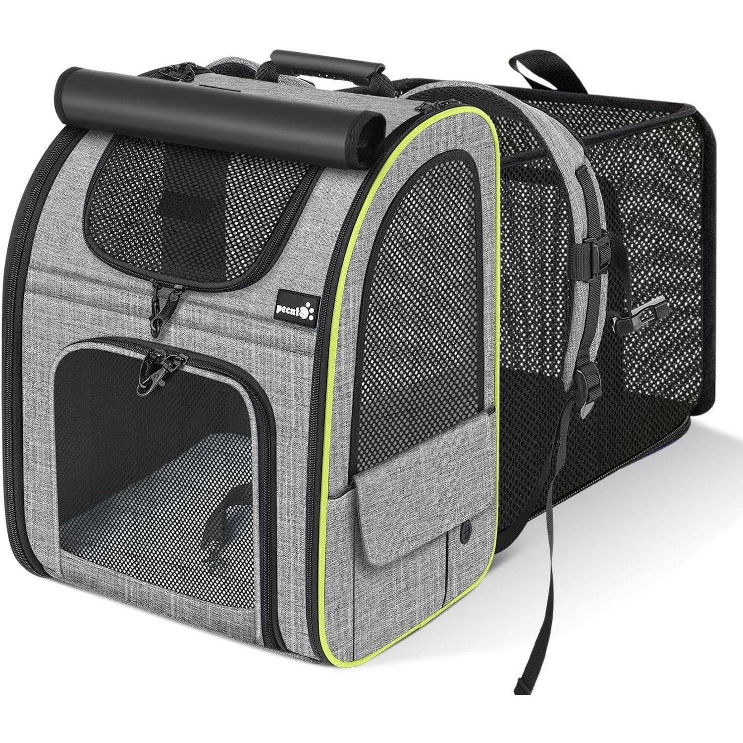 Haustier-Rucksacktasche in Grau mit Maschenfenstern und gelber Einfassung, ausgestattet mit einer Vordertasche und verstellbaren Trägern für Komfort und Belüftung.