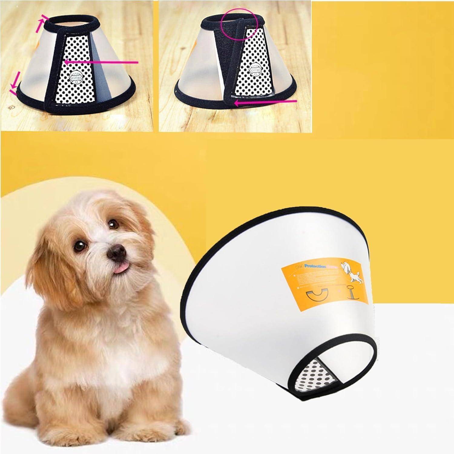 Ein flauschiger Hund mit einem weiß-braunen Fell sitzt neben einem verstellbaren Tierkragen, der entwickelt wurde, um Lecken zu verhindern, und steht auf einem Holzboden.