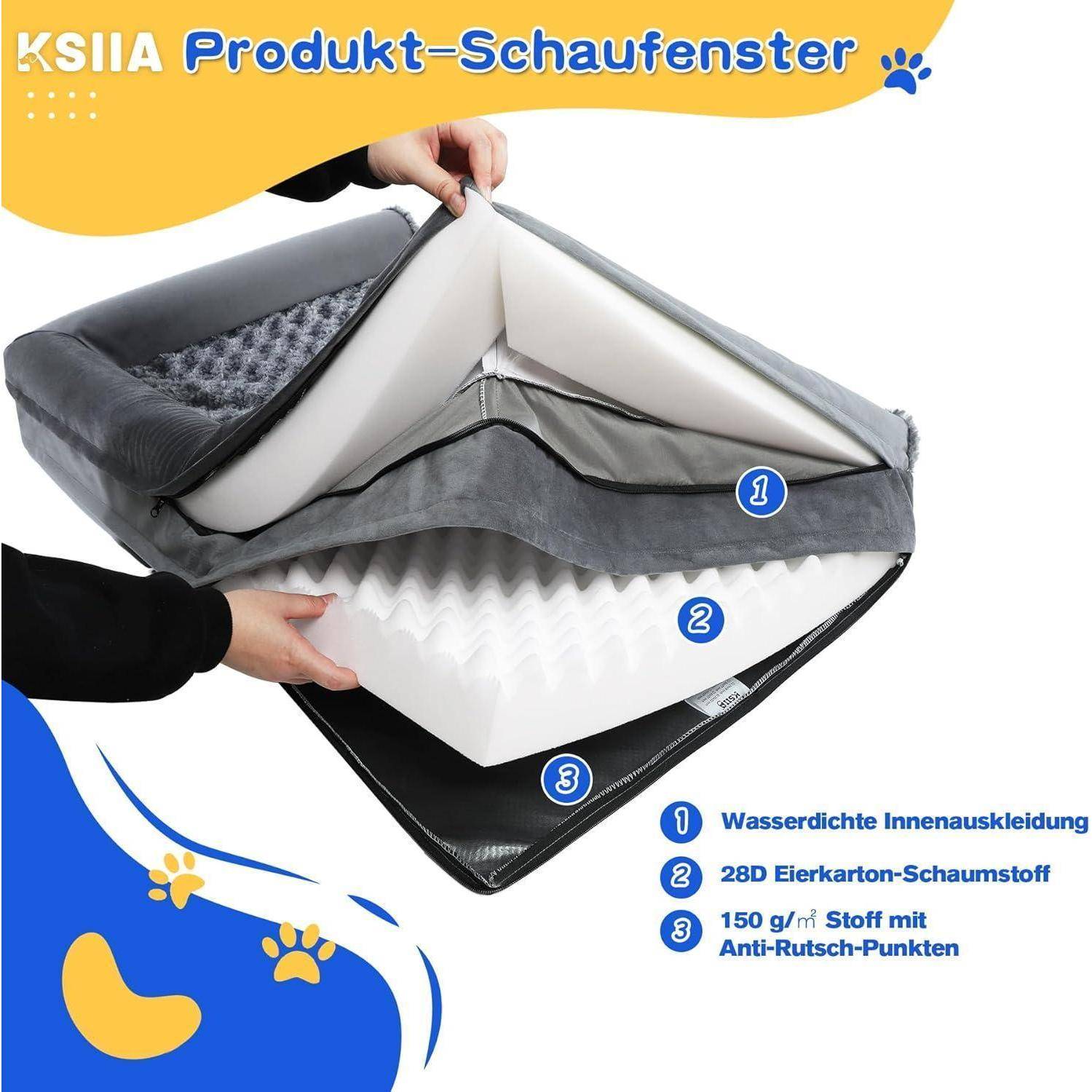 Eine Person demonstriert das Schichten eines wasserabweisenden Hundebettes, wobei Schaumstoffeinsätze und eine rutschfeste Unterseite präsentiert werden, die dessen Eigenschaften hervorheben.