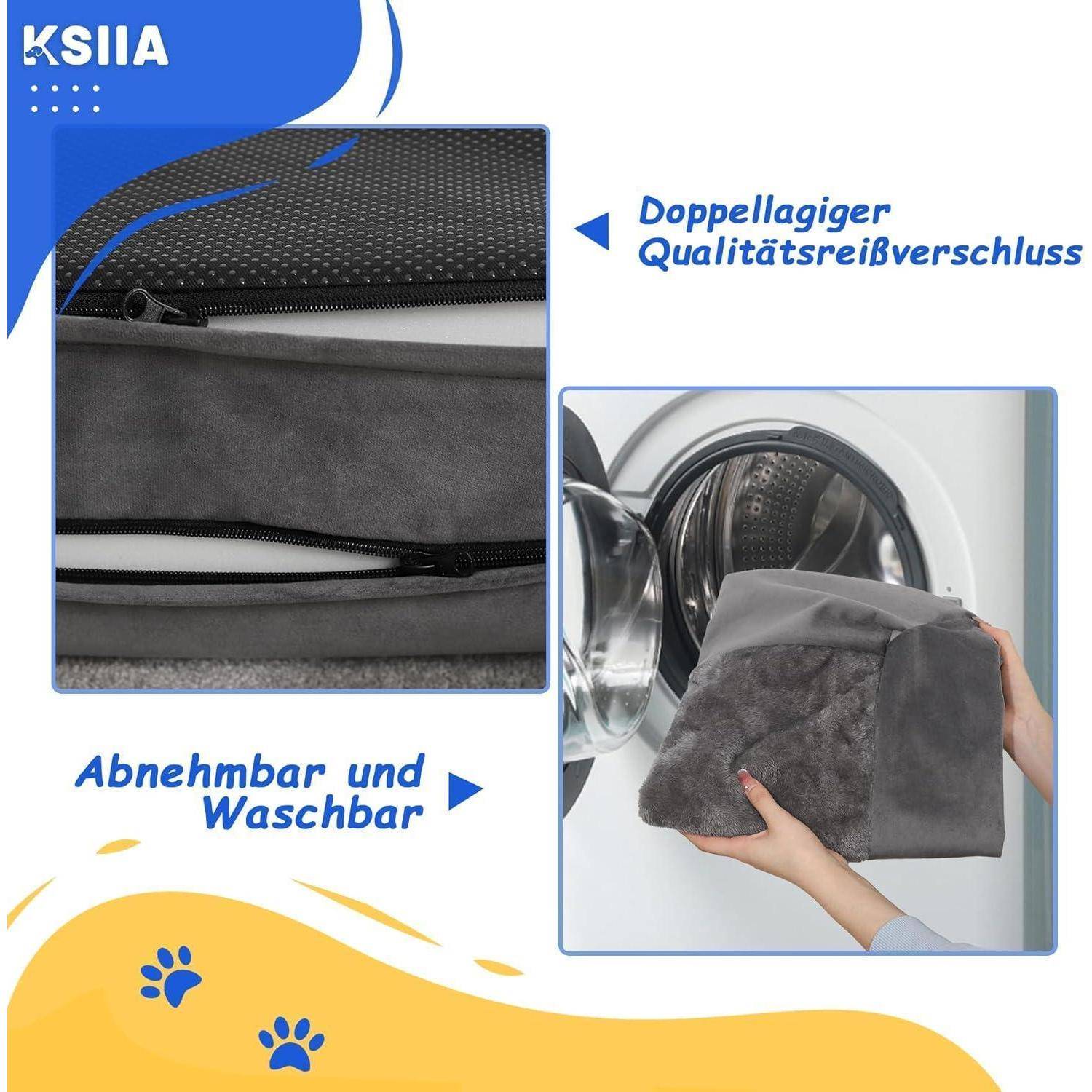 Das Bild zeigt einen doppelschichtigen, abnehmbaren und waschbaren Bezug für ein Haustierbett. Der Bezug verfügt über einen hochwertigen Reißverschluss, was durch eine Person veranschaulicht wird, die ihn in eine Waschmaschine legt.