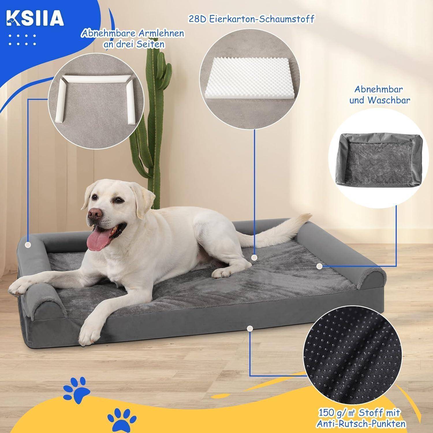 Ein Hund, der auf einem grauen Haustierbett mit abnehmbarem, waschbarem Bezug liegt. Zu den Eigenschaften gehören eine 28D Eggcrate-Schaummatte und rutschhemmende Punkte.