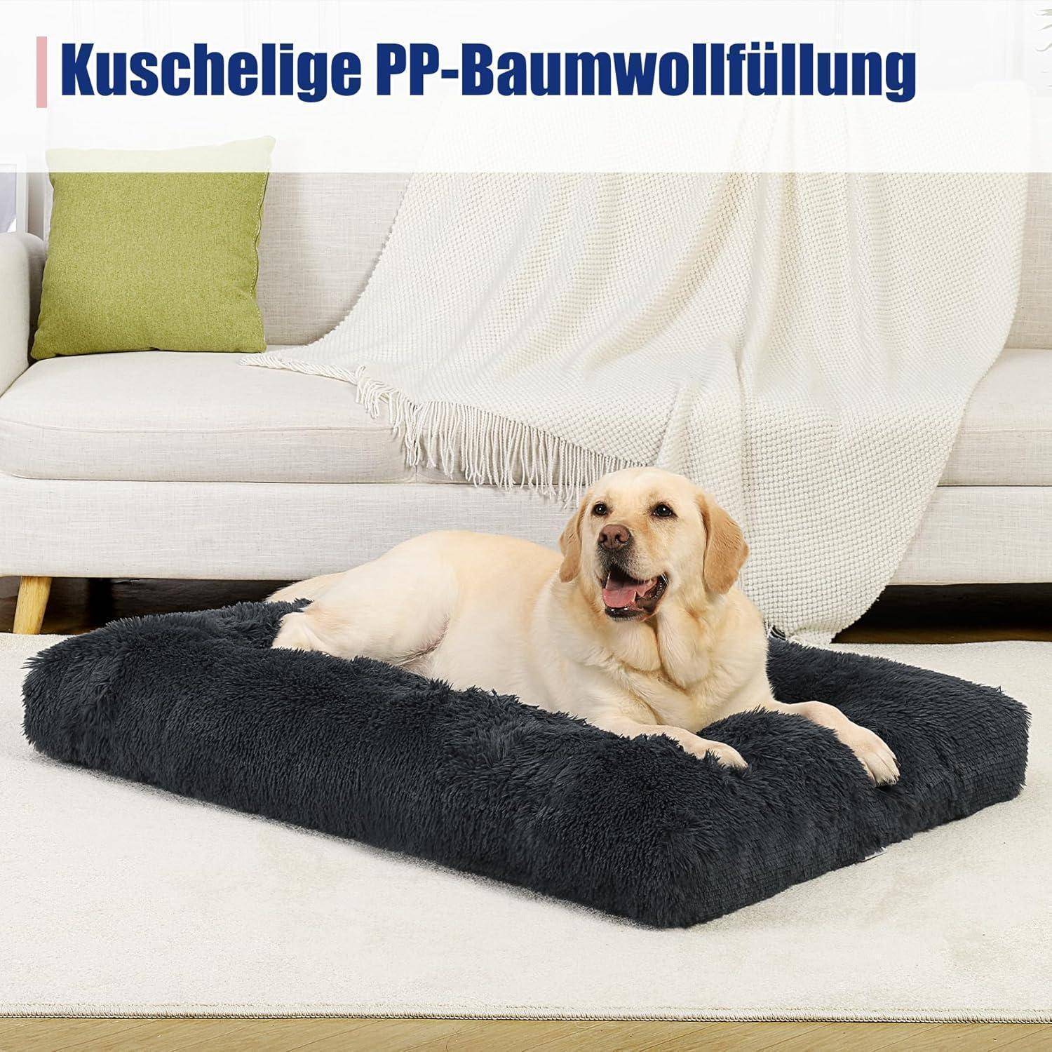 Ein Hund liegt gemütlich auf einem flauschigen Kissen in einer gemütlichen Wohnzimmerumgebung, mit einem Sofa und einem grünen Kissen im Hintergrund.