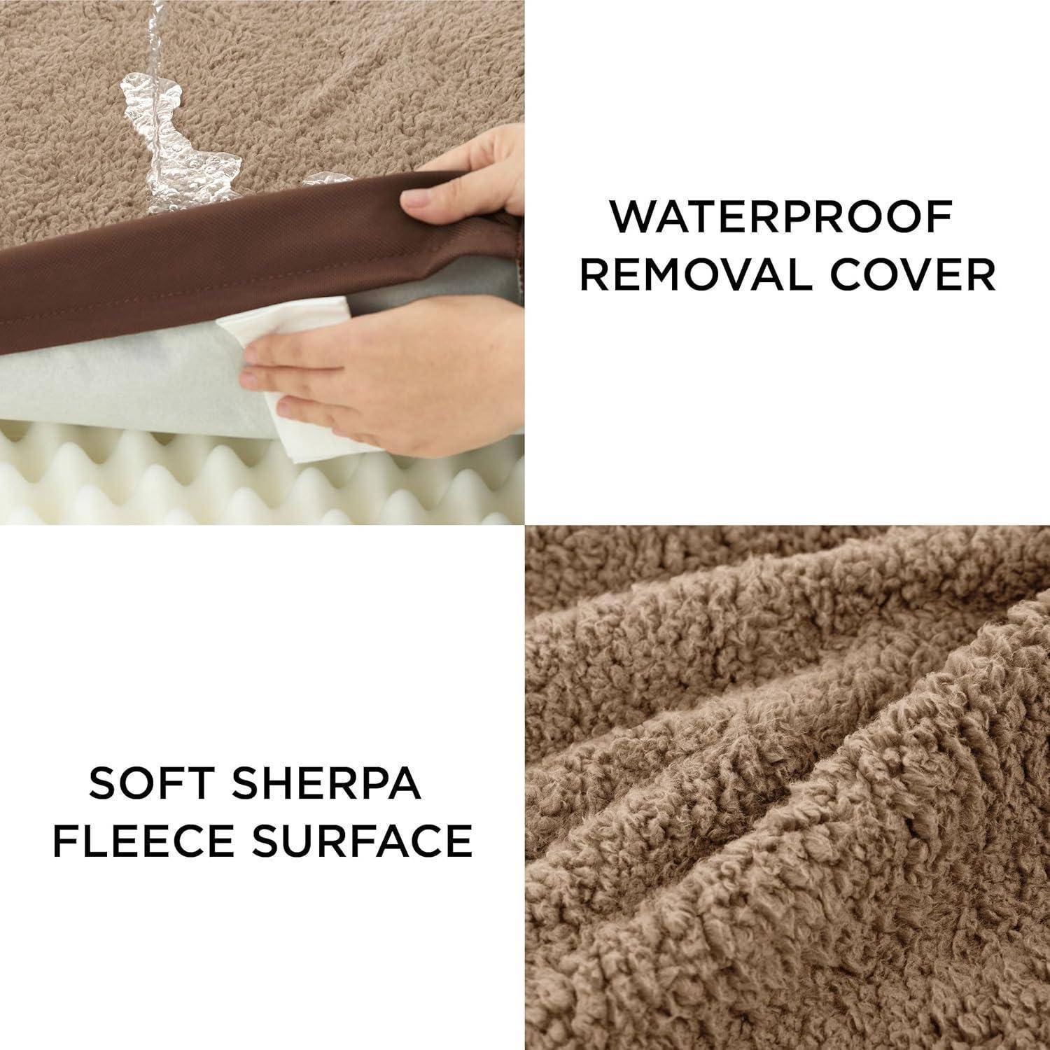 Hände entfernen eine wasserdichte Abdeckung und enthüllen eine weiße Schaumstoffmatratze. Daneben befindet sich ein weiches braunes Sherpa-Fleece, das Textur und Merkmale hervorhebt.