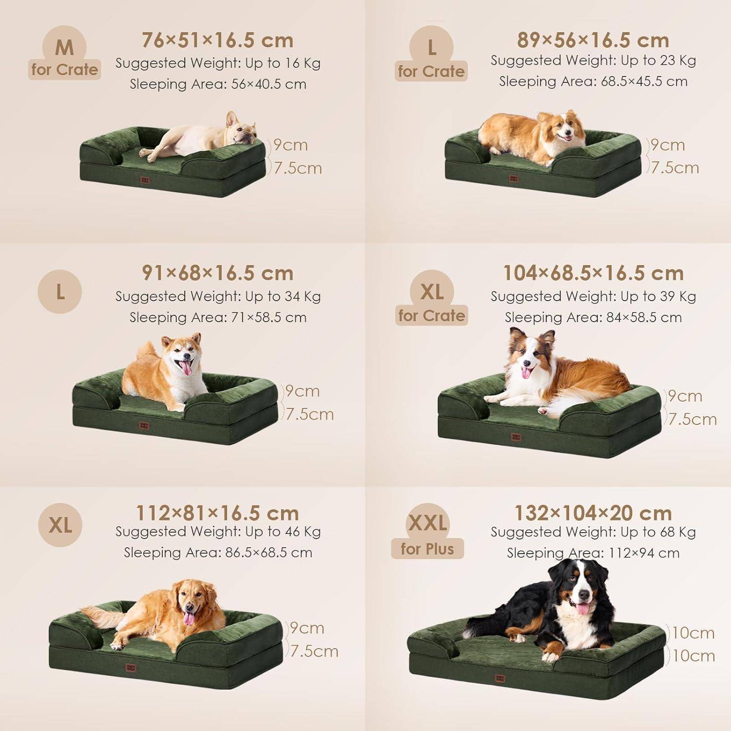 Hundebettkissen-Größentabelle für Hundekäfige: M (76x51x16,5 cm), L (89x56x16,5 cm), M (91x68x16,5 cm), L (104x68x16,5 cm), XL (112x81x16,5 cm), XXL (132x104x20 cm). Zeigt Hunde, die auf den Betten ruhen.