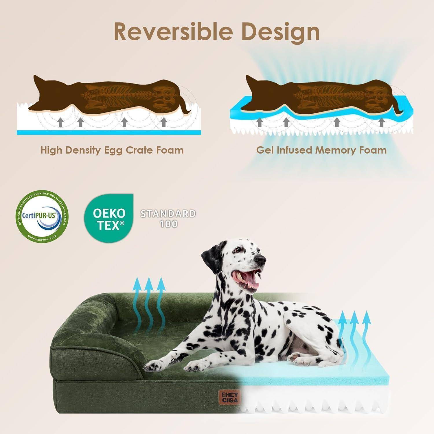 Design-Hundekorb mit Wendeoption mit einem Dalmatiner. Ausgestattet mit hochdichter Eierkarton-Schaumstoffunterlage und gel-infusiertem Memory-Schaum. Zertifizierte Materialien werden gezeigt.