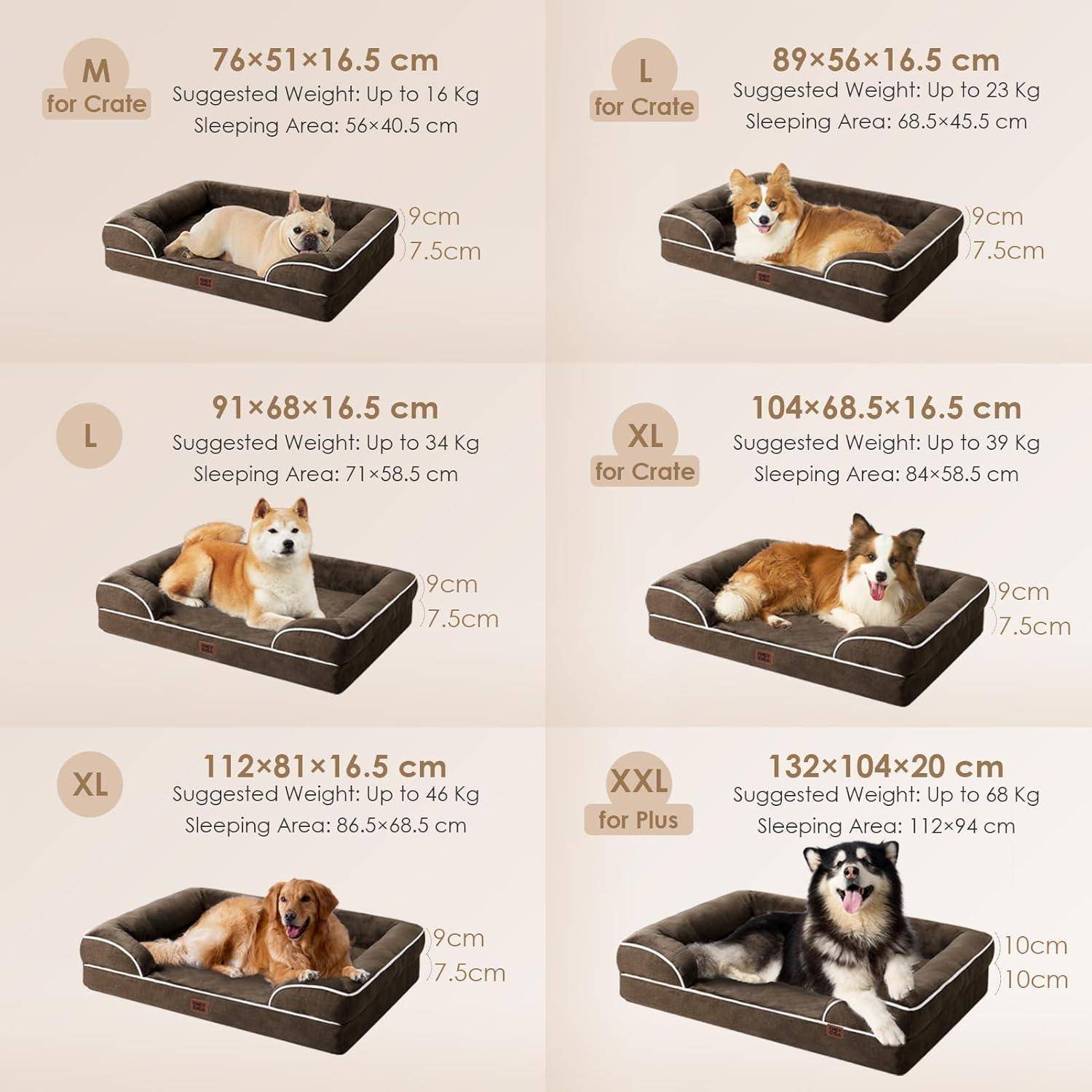 Sechs Hundekörbchen in verschiedenen Größen werden gezeigt, wobei Hunde auf jedem Bett zur Größeneinschätzung platziert sind. Die Größen reichen von mittel bis extra-extra-groß und sind auf unterschiedliche Hundegewichte abgestimmt.