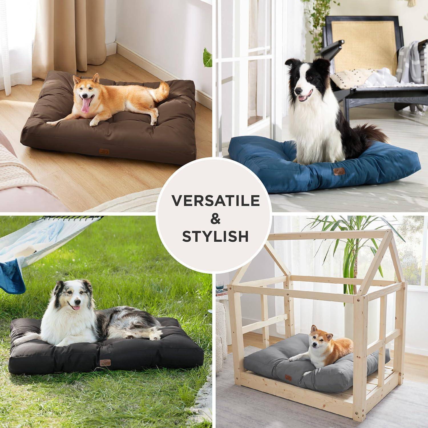 Vier Bilder von Hunden, die auf verschiedenen Tierliegen ruhen; Stile umfassen rund, rechteckig und ein Bett mit Baldachin. Text lautet: ‚Vielseitig & Stilvoll.