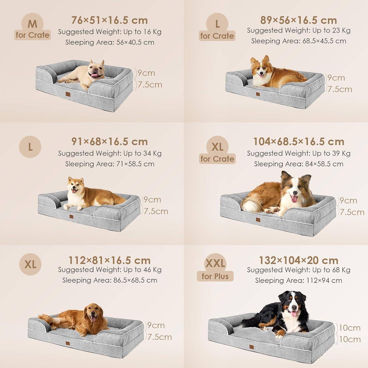 Hunde verschiedener Rassen liegen in Tierkörbchen in unterschiedlichen Größen (M, L, XL, XXL). Jedes Bett zeigt empfohlenes Gewicht und Schlafflächenabmessungen an.
