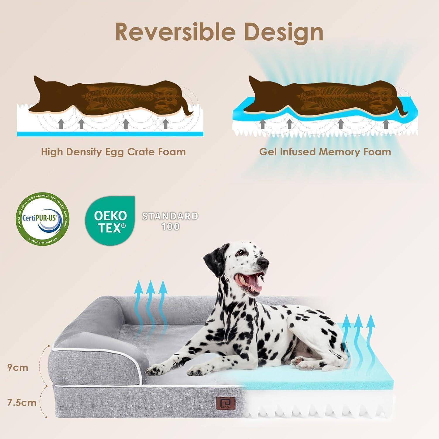 Hundebett mit umkehrbarem Design: Eine Seite verfügt über hochdichte Eierkartonschaum, die andere über gelinfundiertes Memoryschaum; inklusive Zertifizierungen.