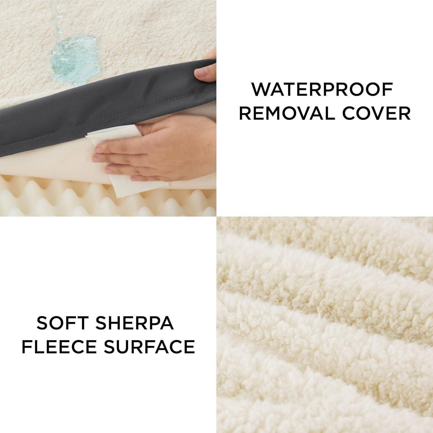 Eine Hand demonstriert den wasserdichten Abdeckbezug auf einer Fleecefläche und hebt dabei dessen weiche Sherpa-Textur hervor.