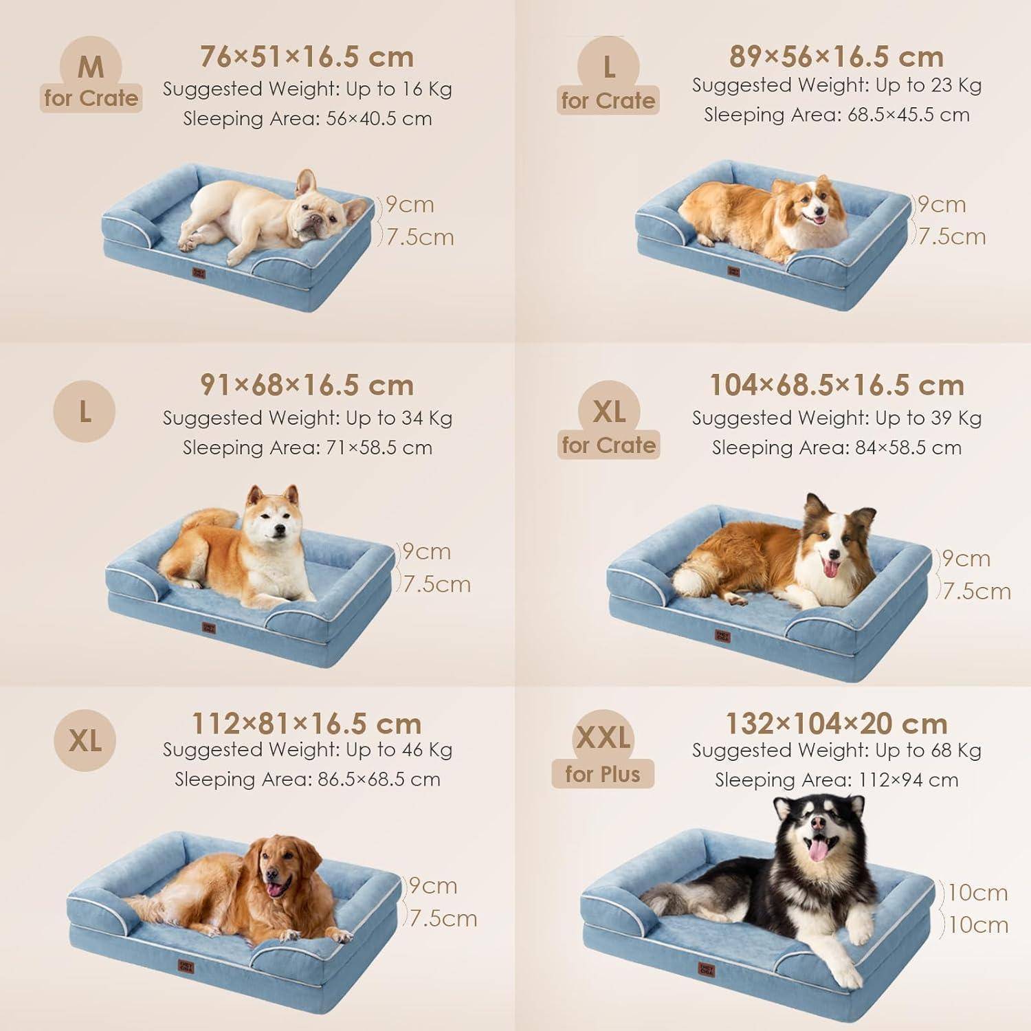 Bild zeigt sechs verschiedene Hundebettgrößen mit Hunden darin: M, L, XL und XXL. Jede Größe gibt Maße, empfohlenes Gewicht und Schlafbereich an.