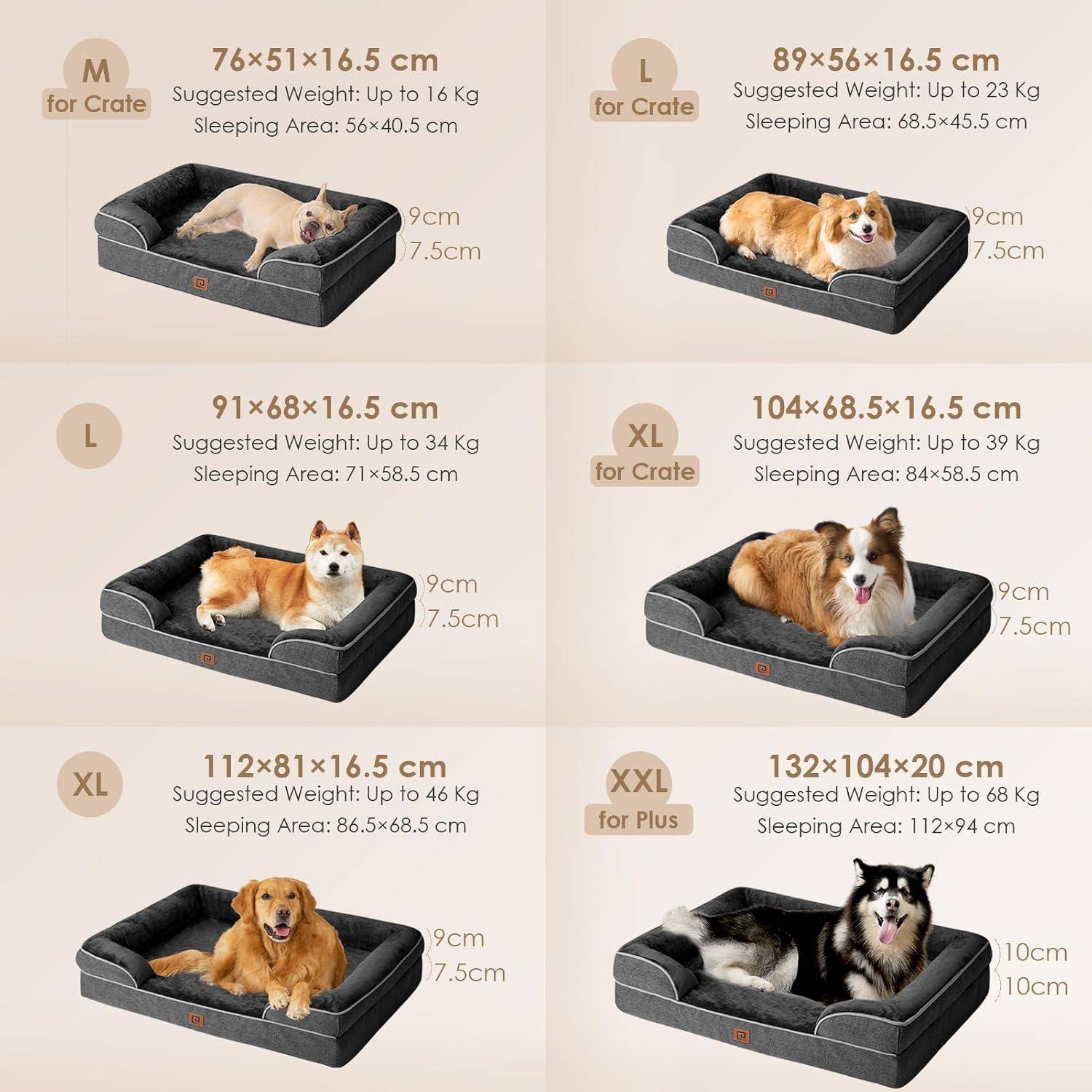 Bild mit verschiedenen Größen von Hundebetten, auf denen Hunde unterschiedlicher Rassen sitzen. Größen reichen von 'M für Hundebox' bis 'XXL für große Rassen' mit Gewichts- und Dimensionsangaben.