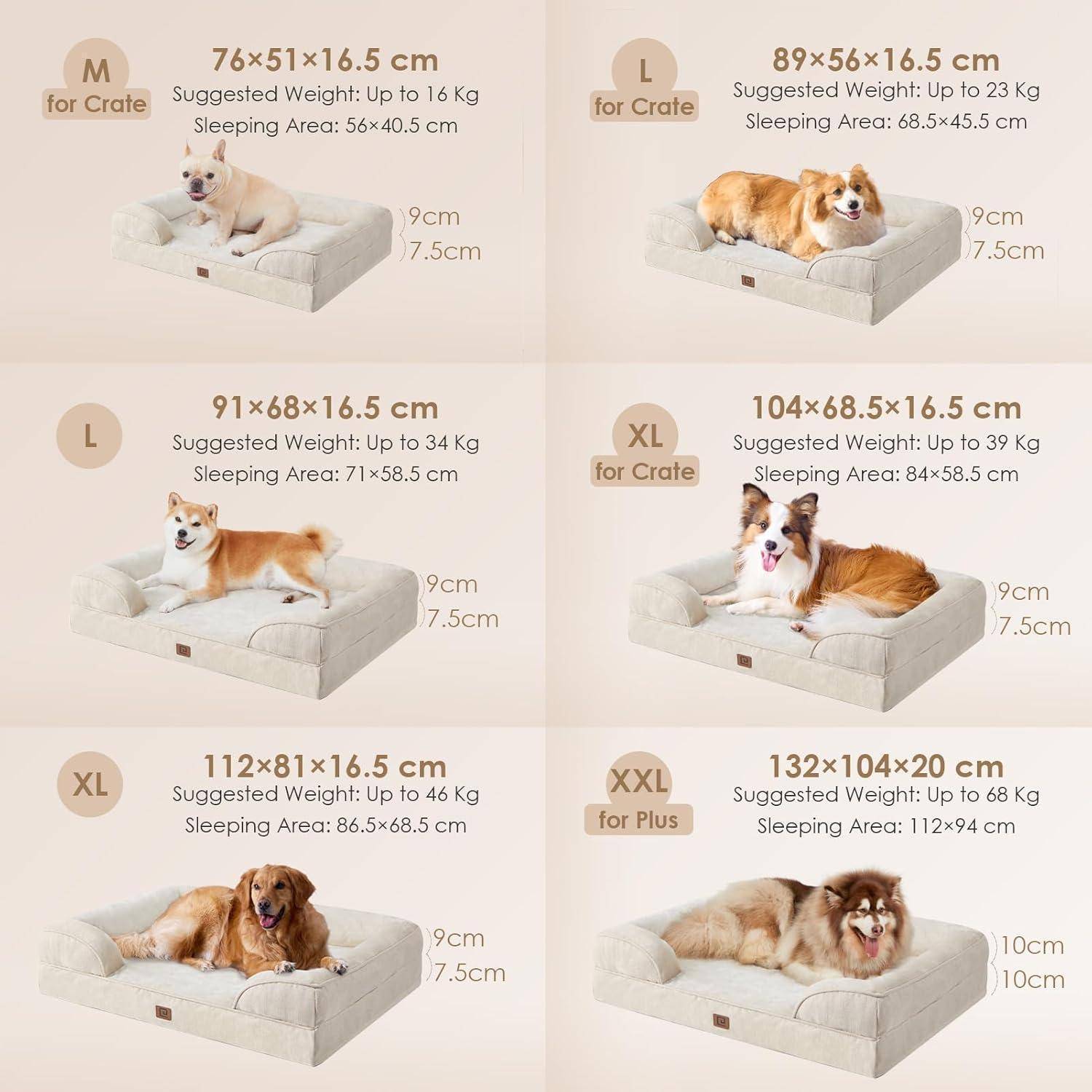 Hundedecken-Übersicht: Größen M bis XXL, jeweils mit Gewichtsgrenzen und Schlafflächenabmessungen. Beinhaltet Fotos von Hunden auf Betten.