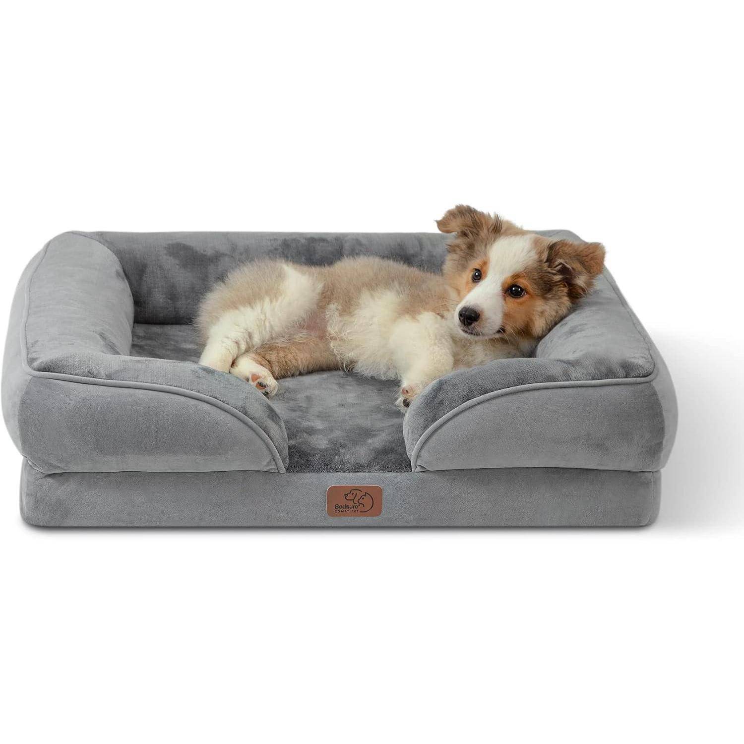 Ein flauschiger, braun-weißer Welpe liegt gemütlich auf einem plüschigen grauen Hundebett und wirkt entspannt und zufrieden.