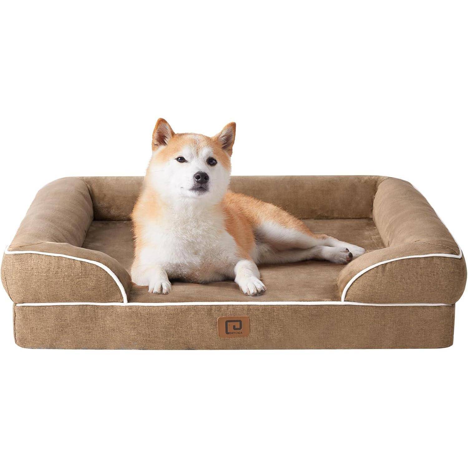 Ein Shiba Inu Hund liegt behaglich auf einem braunen gepolsterten Hundebett und blickt direkt den Betrachter an. Die Szene vermittelt Entspannung und Zufriedenheit.