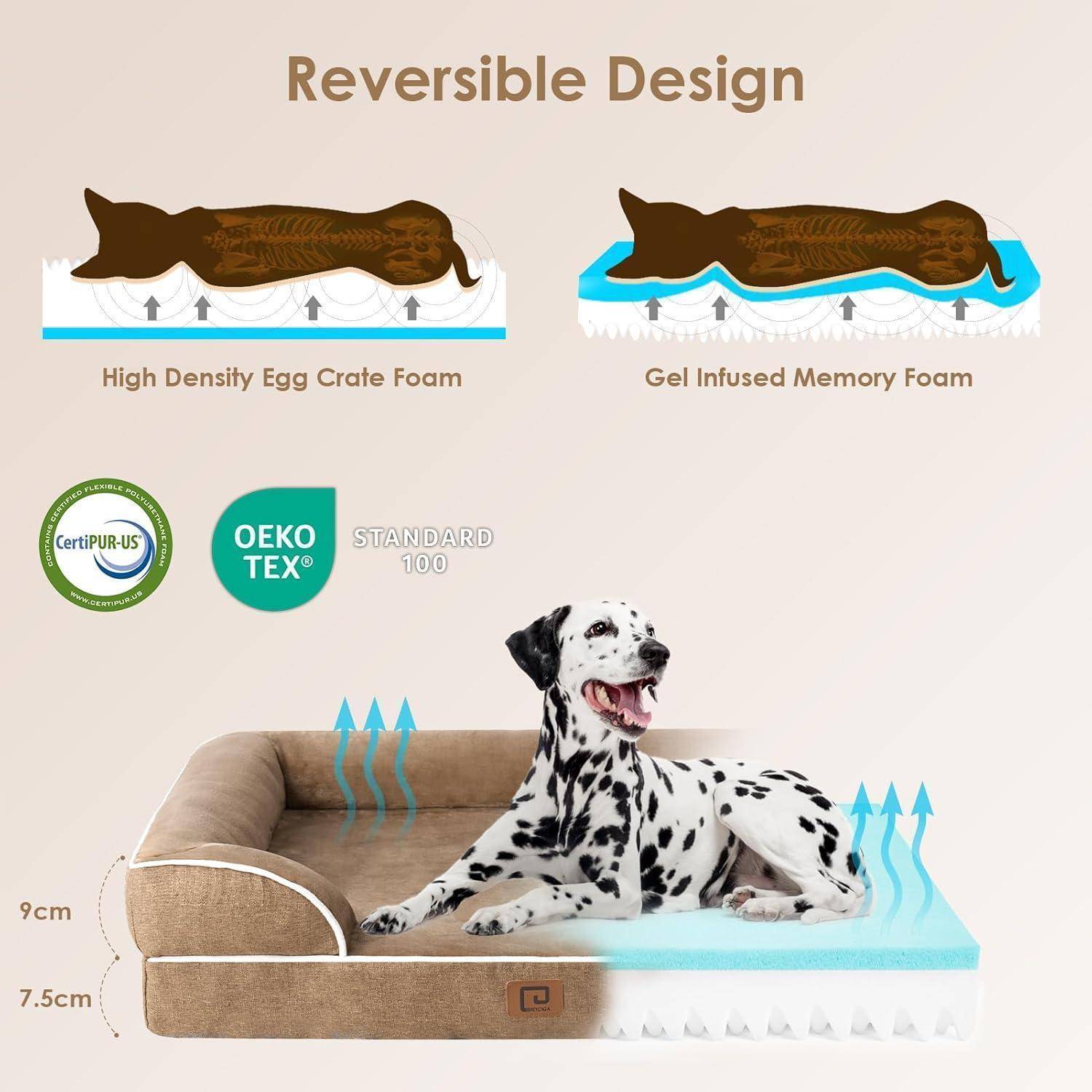 Hundebett mit umkehrbarem Design: hochdichter Eierkartonenschaum und gelinfundierter Memoryschaum. Dalmatiner liegt bequem auf dem Bett.