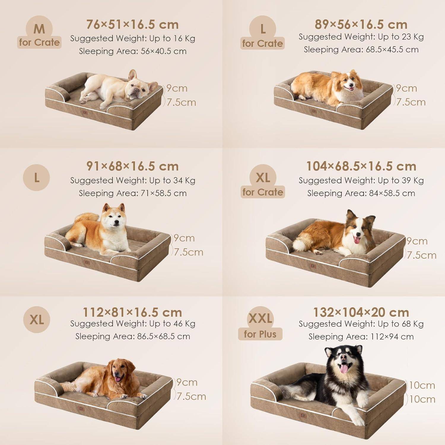 Diagramm mit sechs Hundebetten in verschiedenen Größen mit Hunden, die auf jedem Bett liegen. Größen reichen von 'M' bis 'XXL', einschließlich Abmessungen und Gewichtsempfehlungen.