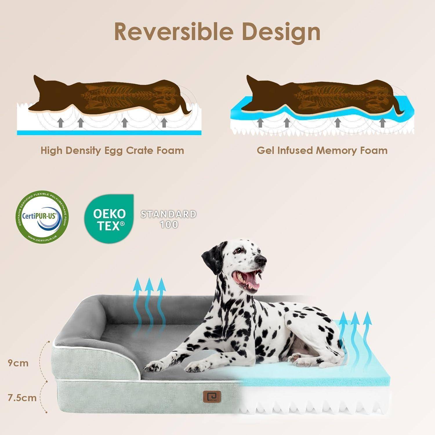 Hundebett mit 'Reversiblem Design' mit einem Dalmatiner, der darauf liegt. Mit zwei Seiten: 'Hochdichte Eierkarton-Schaumstoff' und 'Gelinfundierter Memoryschaumstoff'.