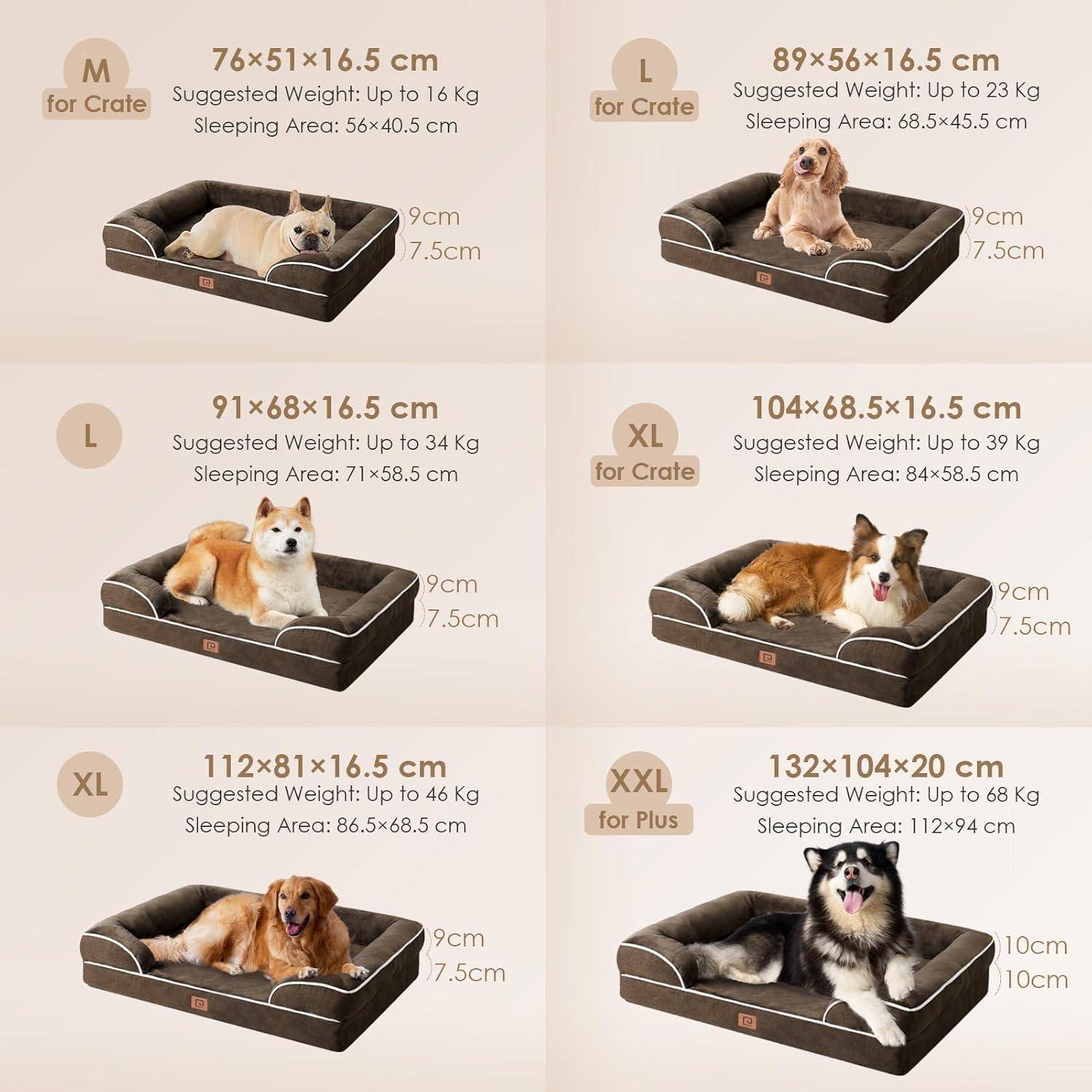 Bild zeigt sechs Hundebetten in unterschiedlichen Größen. Die Größen reichen von M (76x51x16,5 cm) bis XXL (132x104x20 cm). Jedes Bett hat empfohlene Gewichtsbereiche für Hunde von bis zu 23 kg bis zu 68 kg, mit Fotos von Hunden auf den jeweiligen Bettgrößen.