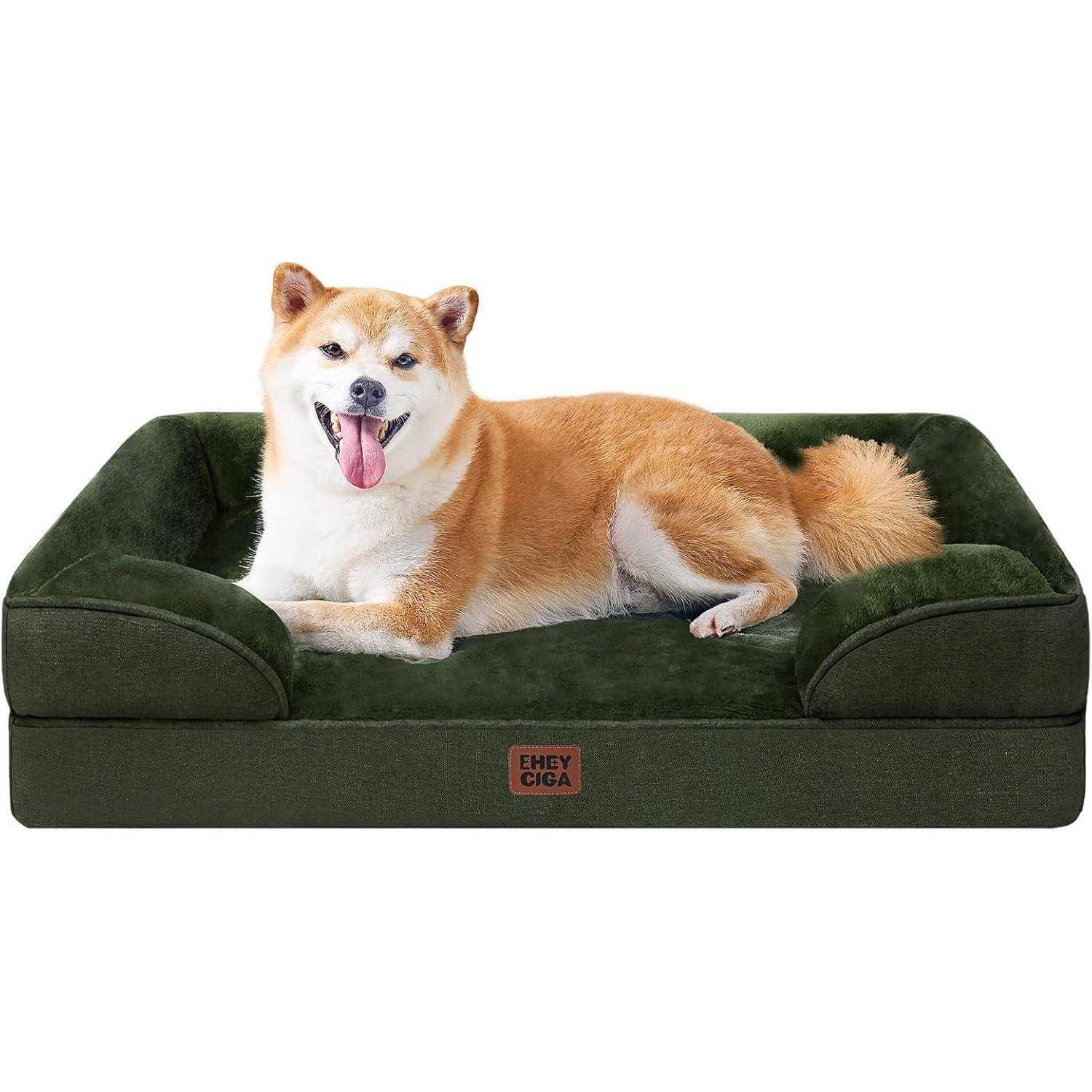 Ein Hund, der gemütlich auf einem grünen, plüschigen Haustierkorb liegt und zufrieden und entspannt nach vorne blickt.