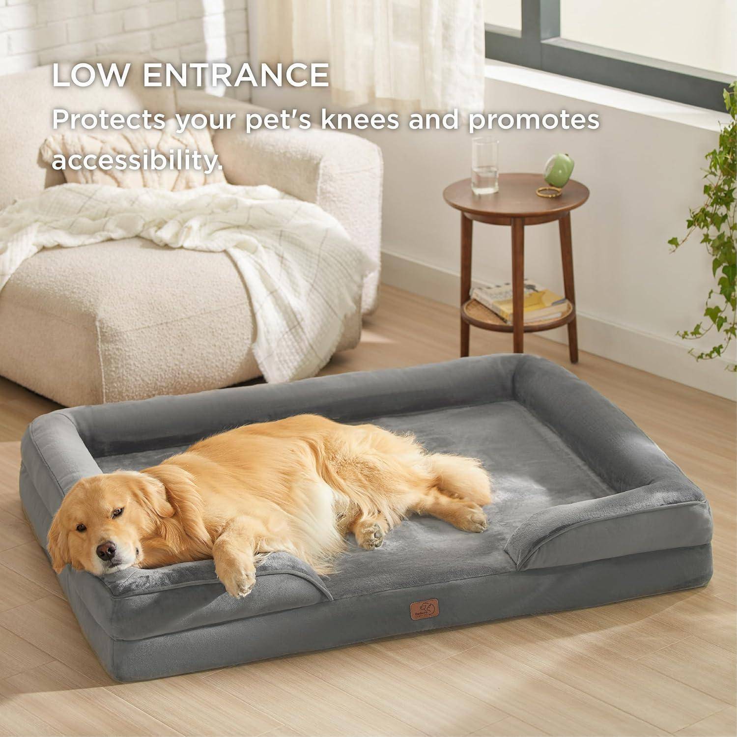 Golden Retriever liegt auf einem grauen orthopädischen Hundebett mit erhöhten Seitenwänden, neben einem Holztisch. Text lautet: 