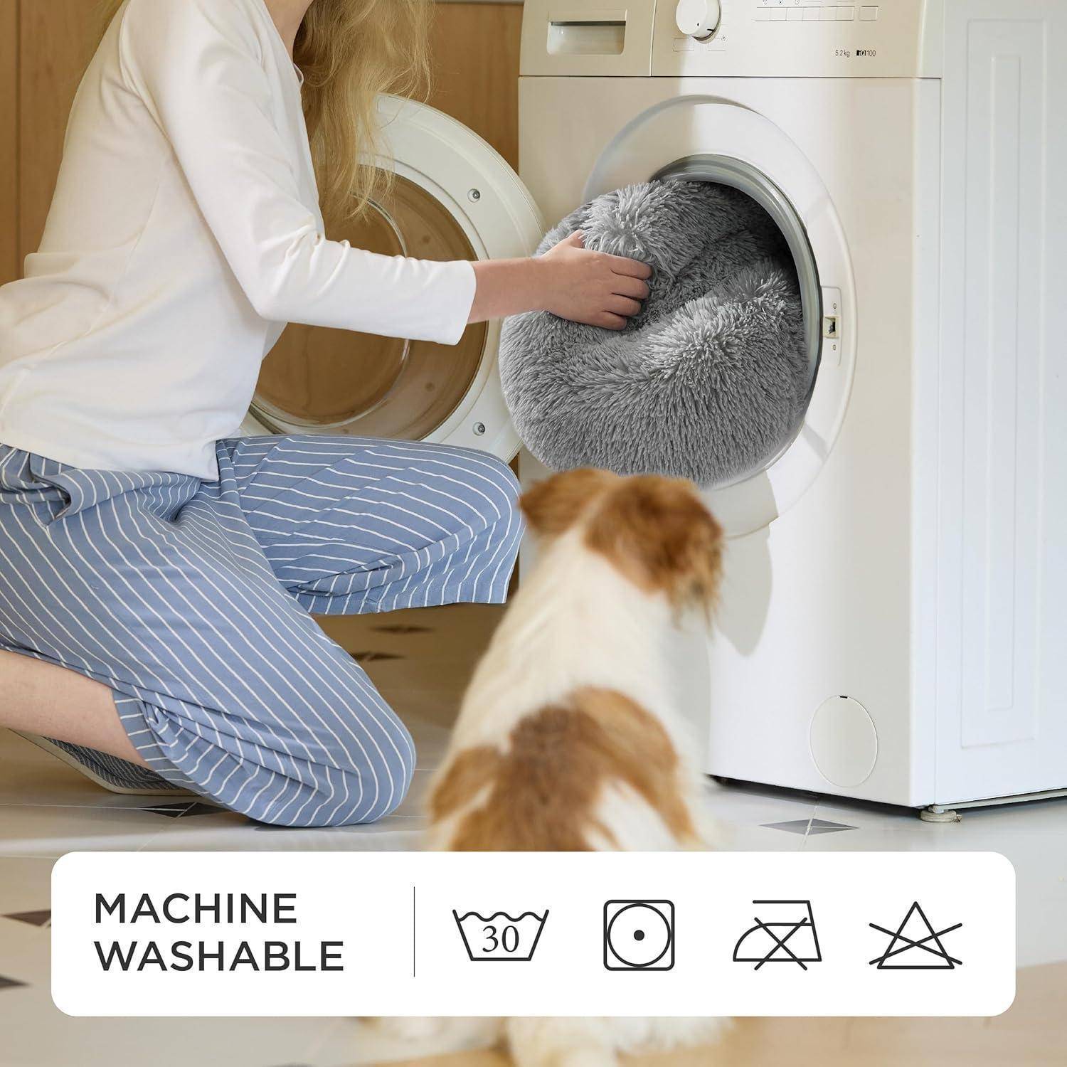 Eine Person legt eine flauschige Decke in eine Frontlader-Waschmaschine. Ein Hund beobachtet. Symbole zeigen an, dass die Decke maschinell waschbar ist.