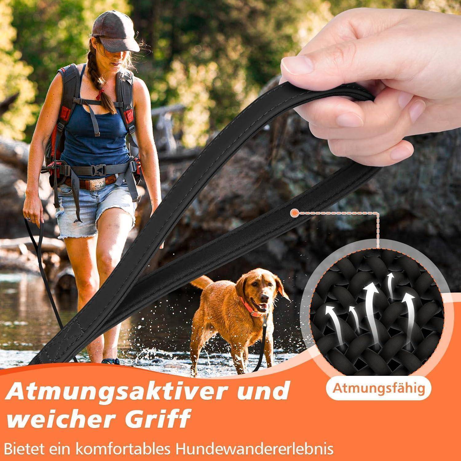 Eine Frau wandert mit einem Hund an einem Fluss und hält eine atmungsaktive und soft-grip Leine. Deutsche Texthervorhebungen betonen den Komfort der Leine beim Hundespaziergang.