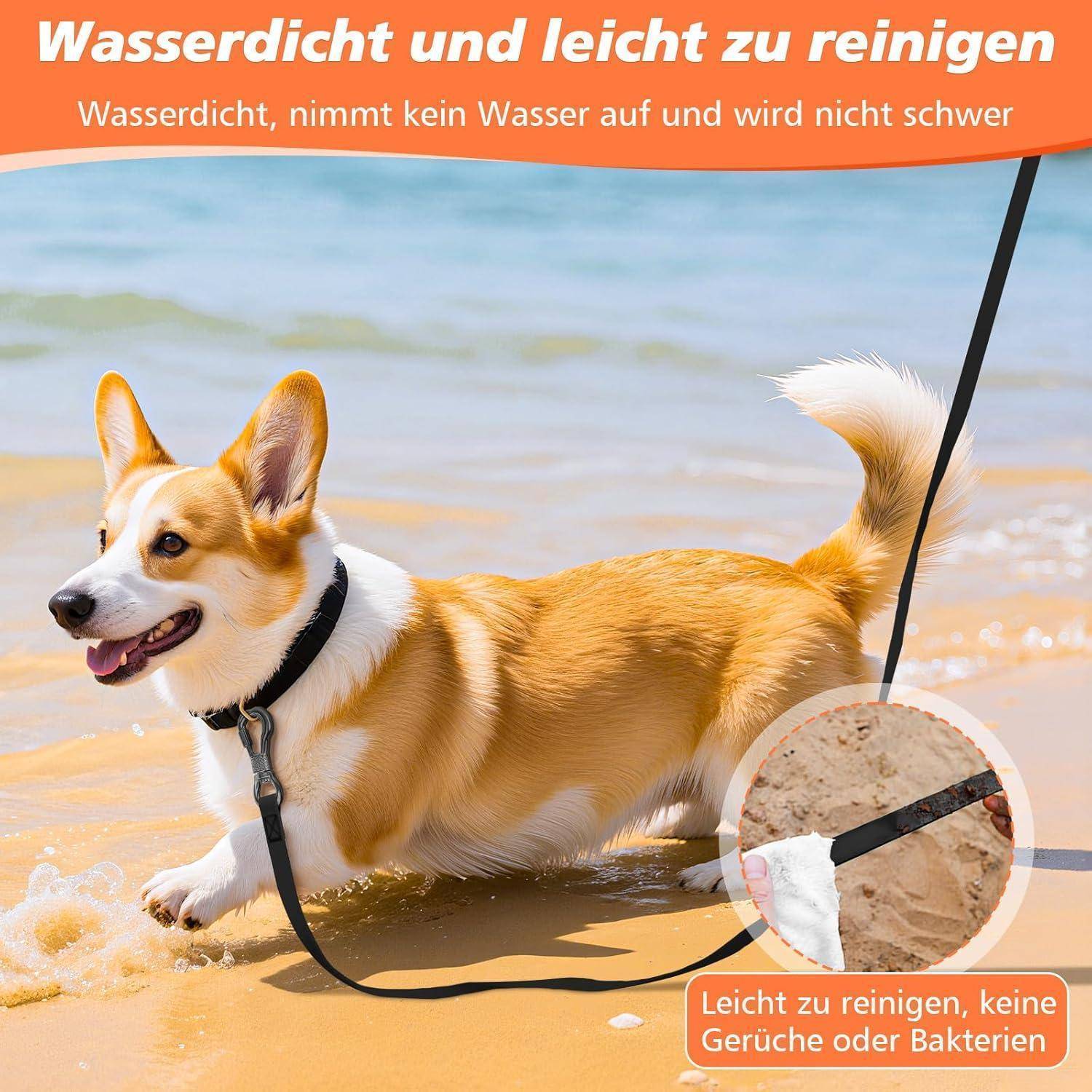 Ein Corgi-Hund, der auf Gras läuft und ein Geschirr mit einer einziehbaren Leine trägt. Text auf Deutsch beschreibt die Leine als wasserdicht und leicht.
