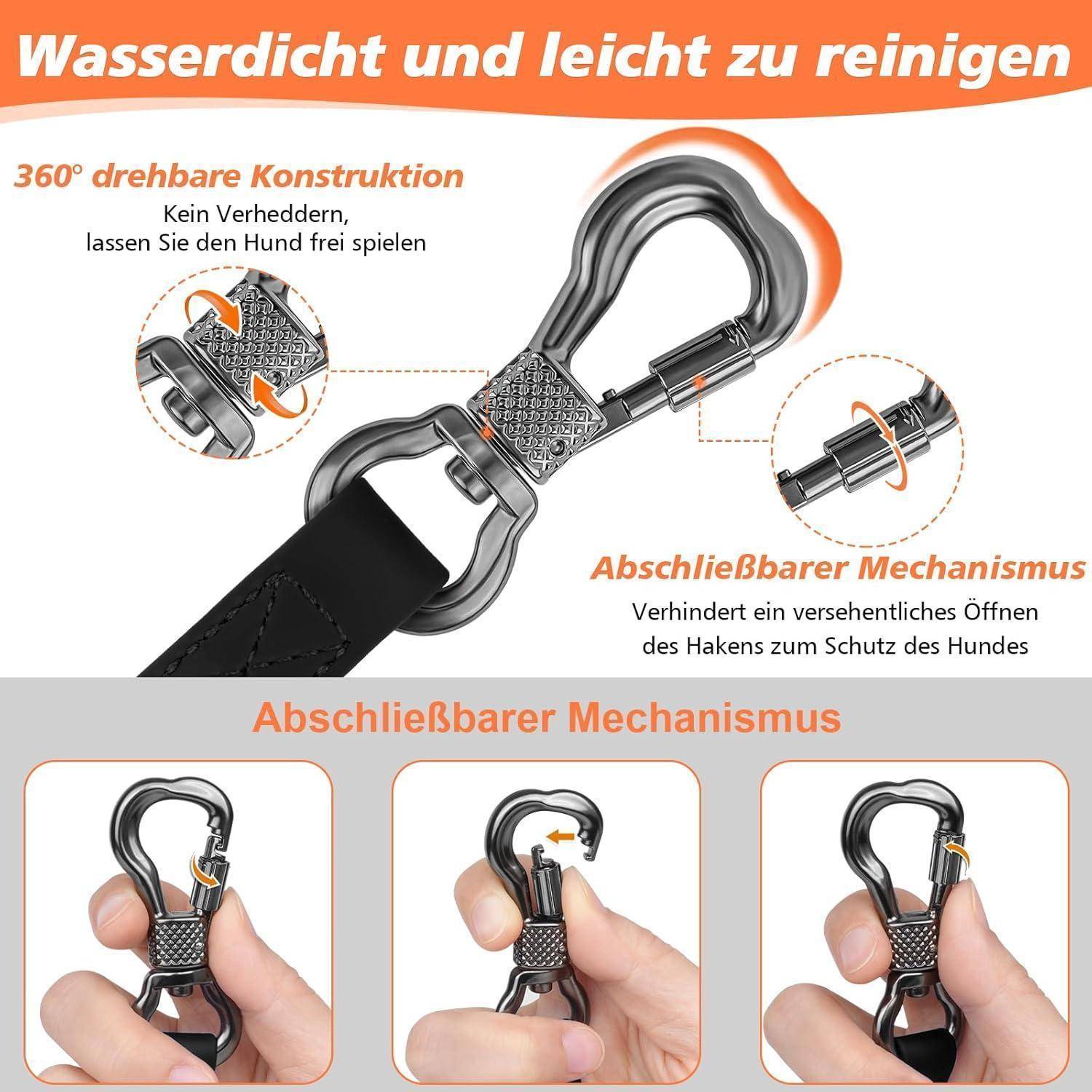 Ein Hundeleine-Karabiner mit Details. Oberer Text lautet 