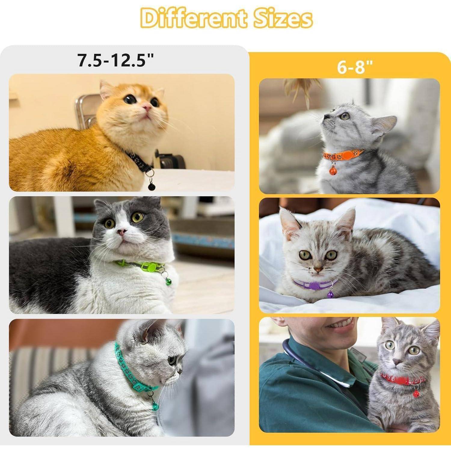 Größenübersicht: Katzenhalsband-Größen. Links: Halsbänder für Katzen mit Halslängen von 19-32 cm. Rechts: Halsbänder für Katzen mit Halslängen von 15-20 cm.