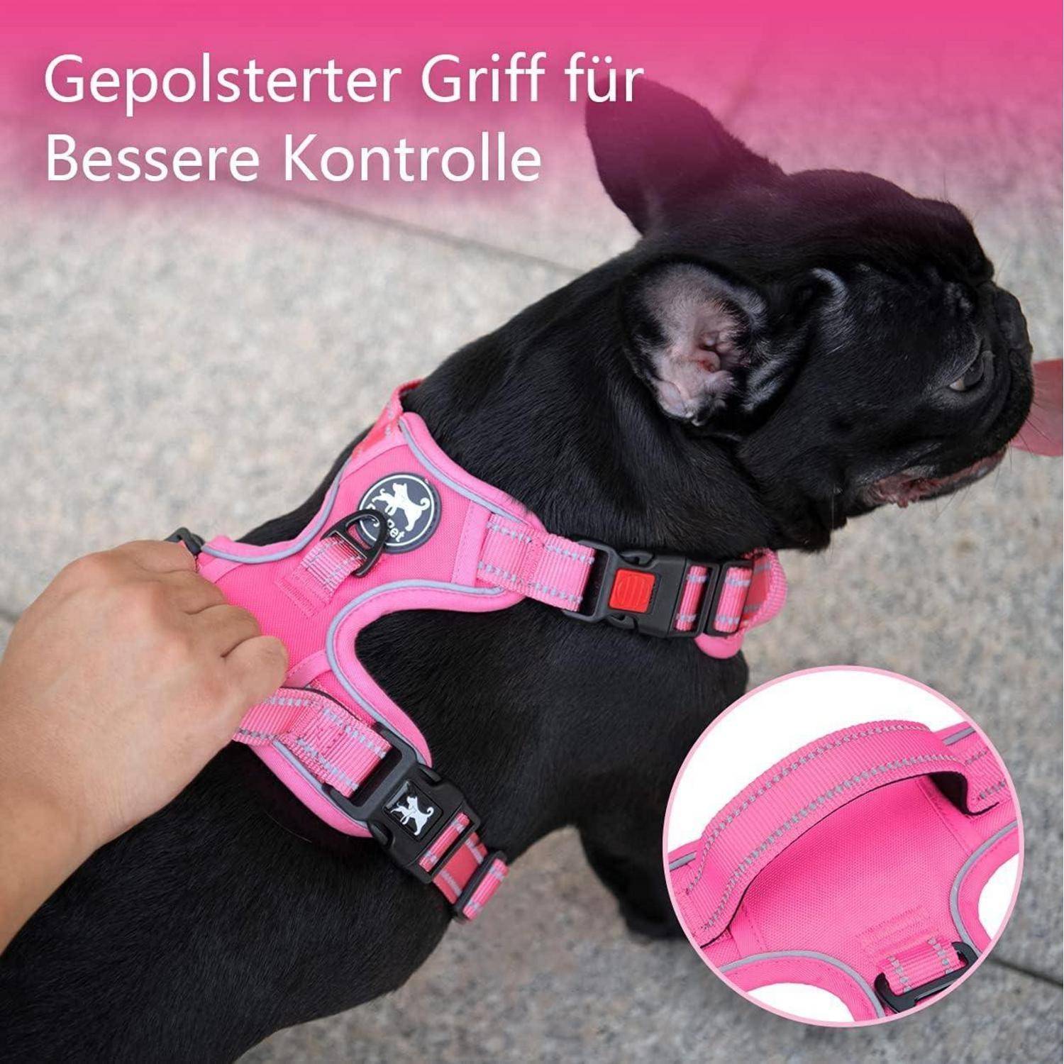 Eine Person hält den Hintergriff eines rosa Geschirrs an einem schwarzen Hund. Text auf Deutsch lautet 'Gepolsterter Griff für Bessere Kontrolle'.
