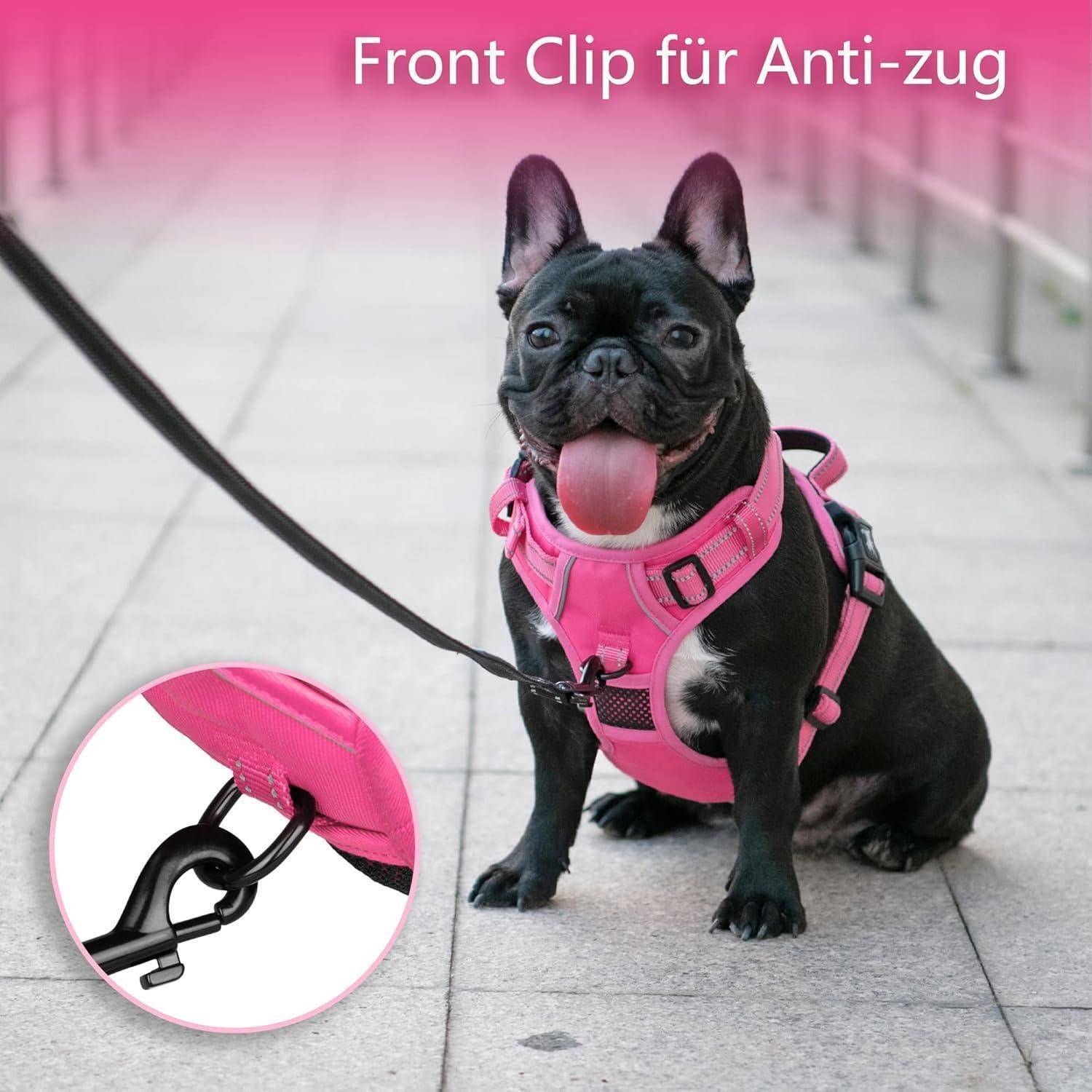 Ein schwarzer Hund, der ein rosa Geschirr mit Vorderclip trägt. Ein Nahaufnahme-Inset zeigt den Geschirr-Clip. Text lautet 'Front Clip für Anti-zug'.