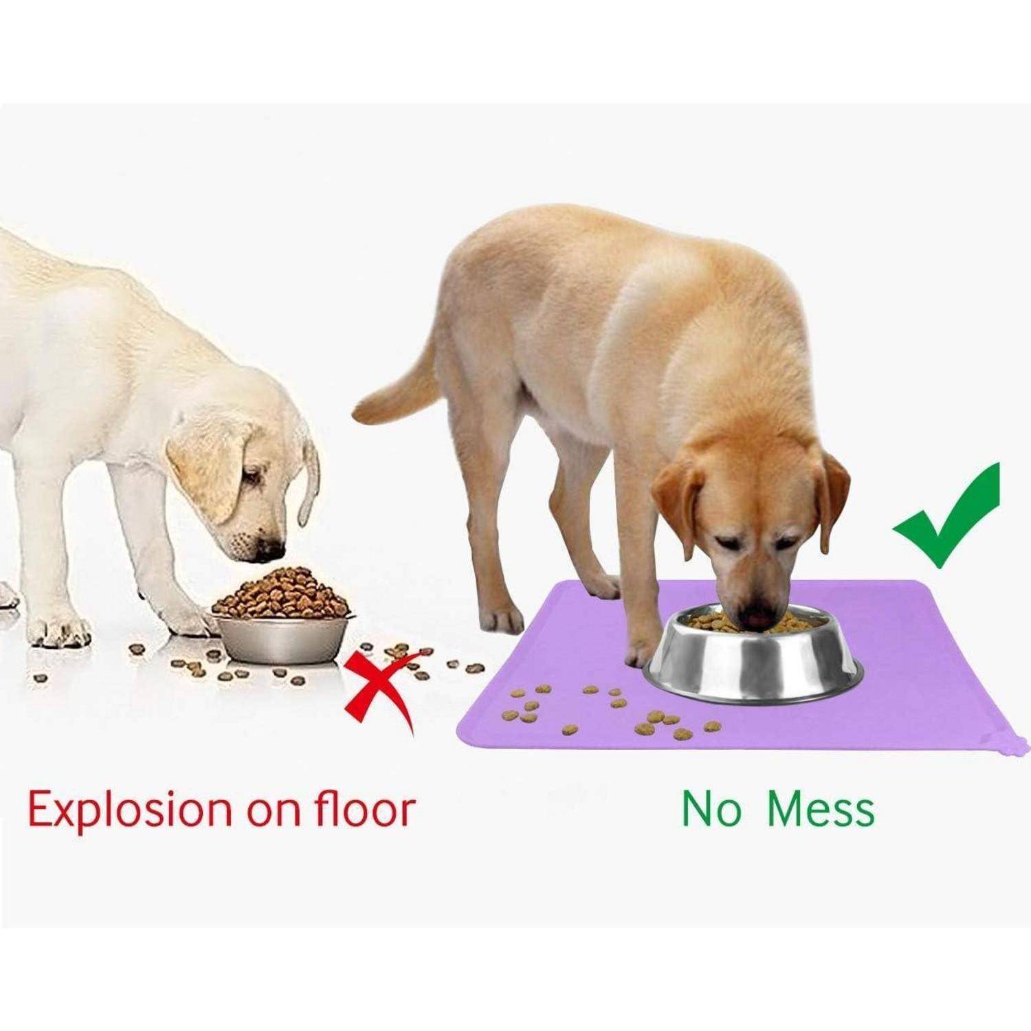 Ein geteiltes Bild zeigt einen Hund, der Futter aus einer Schüssel verschüttet, mit der Beschriftung 