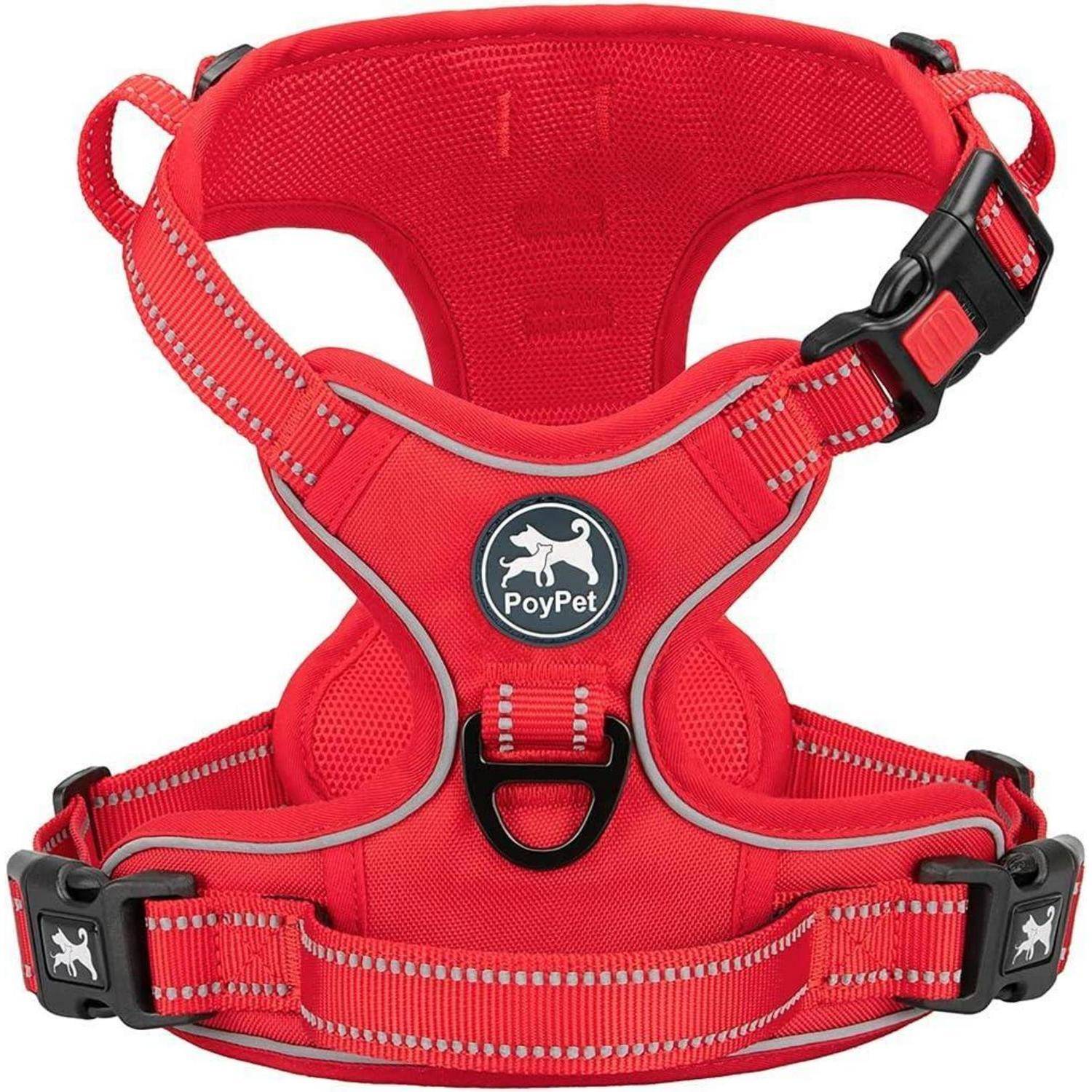 Ein roter Hundegeschirr mit reflektierenden Nähten und einem Logo in der Mitte, ausgestattet mit verstellbaren Riemen und Schnellverschluss-Schnallen für maximale Sicherheit.