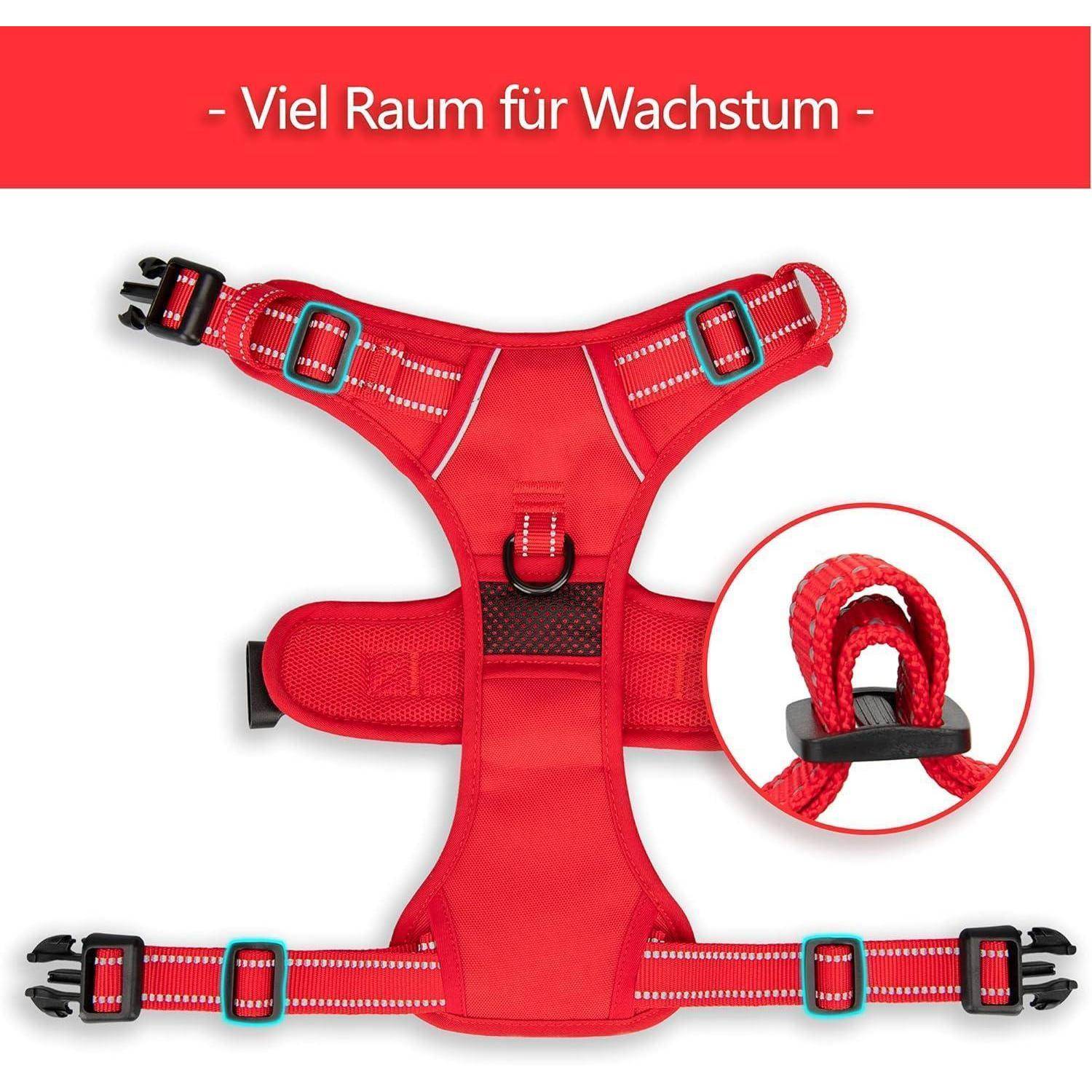 Roter ergonomischer Geschirr mit verstellbaren Riemen und Schnallen, entwickelt für Komfort und Wachstum. Kreisförmiger Einsatz zeigt verstärkte Nähte. Text lautet: 'Viel Raum für Wachstum'.